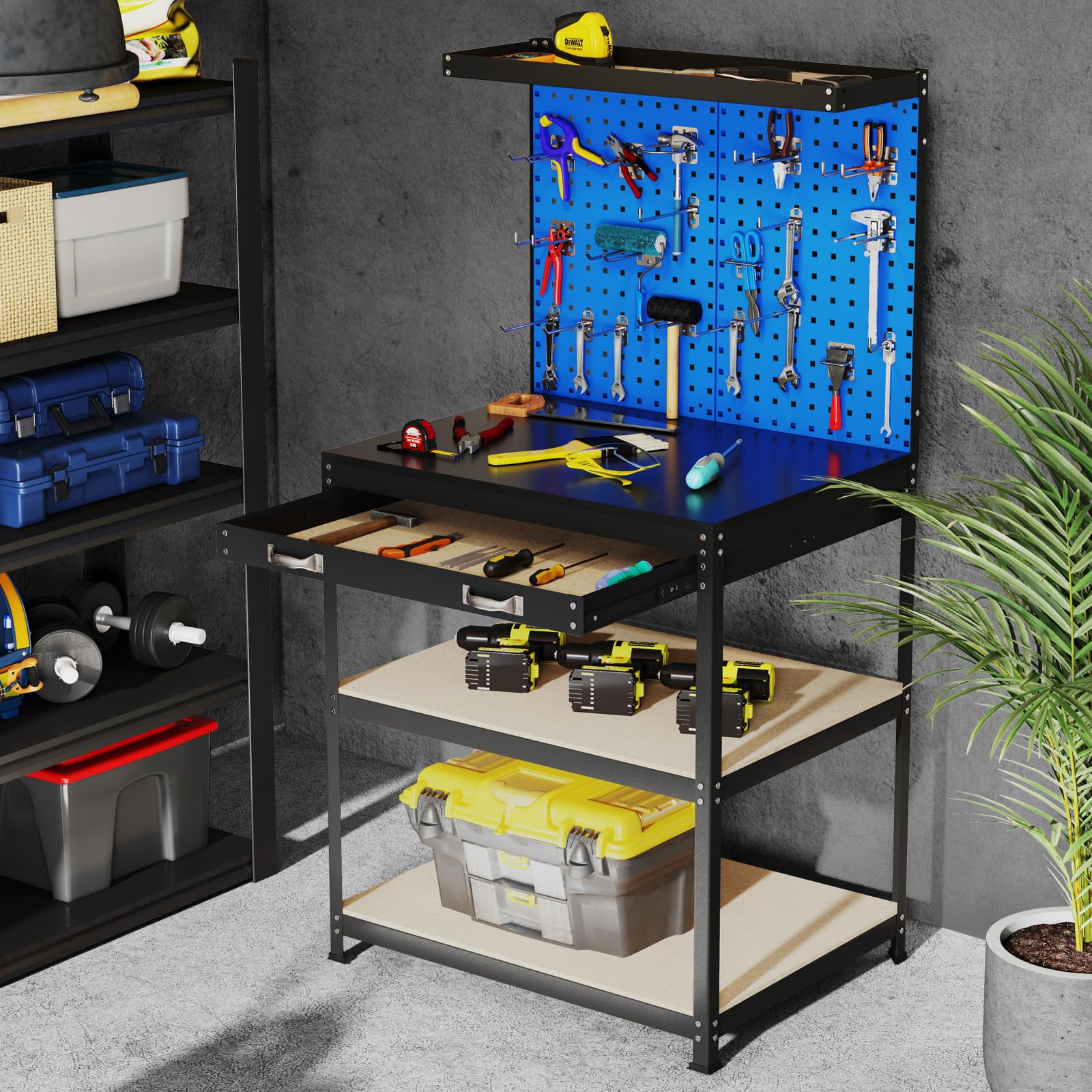 COSTWAY Banco de Trabajo Taller, Capacidad de 225 kg, Mesa de Trabajo con 3 Paneles de Perforación, 2 Cajones y Estantes, 20 Ganchos para Colgar (Azul,81 x 41 x 156 cm)