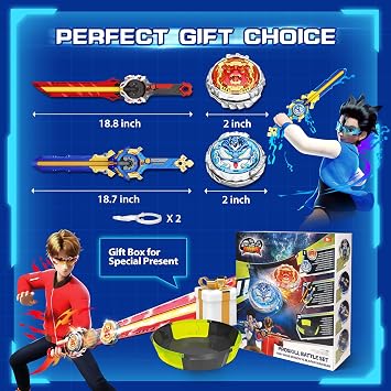 INFINITY NADO Battle Set with Modular Stadium Arena, 2PCS Sword Launchers Infinite Acceleration, Metal Glowing Battle Top, Attack vs Balance Type Right/Left-Spinning Top Game Toys for Boys Girls 5+