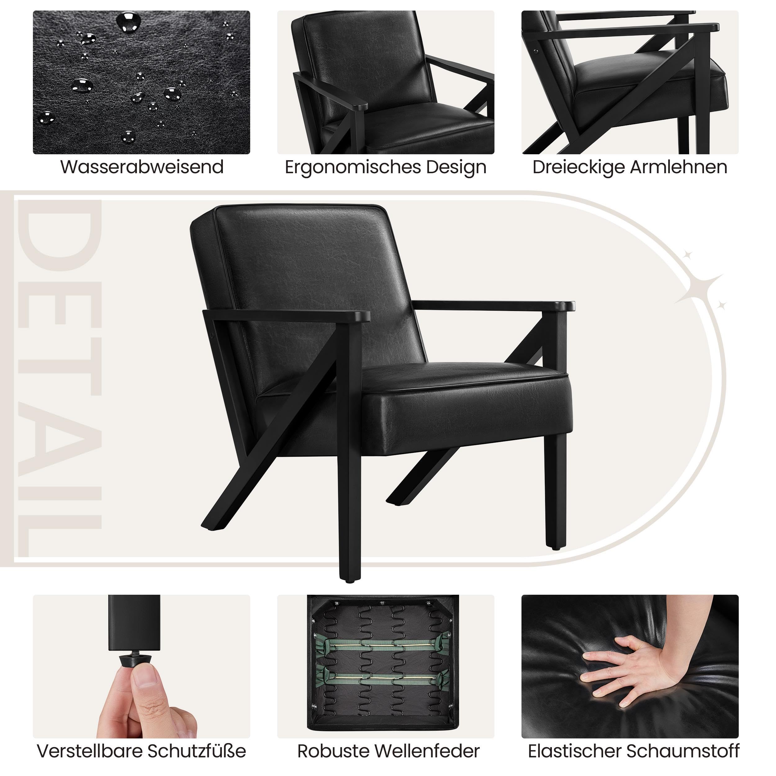Yaheetech Fotel telewizyjny do wypoczynku, ze sztucznej skóry, fotel wypoczynkowy, tapicerowany, pojedyncza sofa z nogami z litego drewna, na balkon/do salonu/sypialni, recepcji, kolor czarny