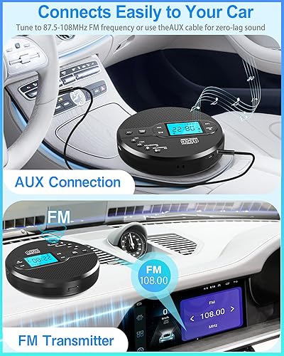 Miniatura 3 de Reproductor de CD portátil con Bluetooth, reproductor de CD con transmisor FM y altavoces para automóvil, reproductor de CD recargable con