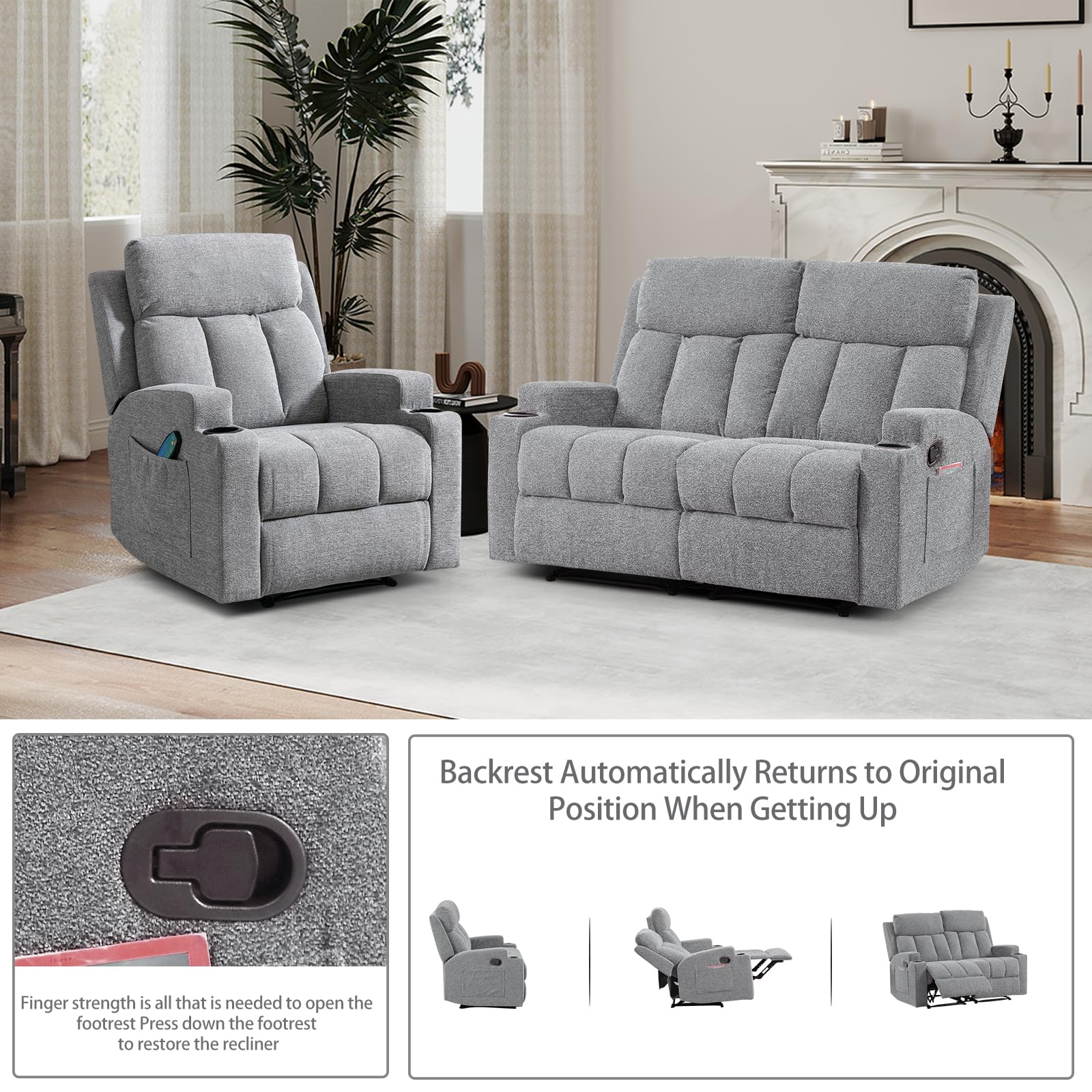 CANMOV Manual Recliner Sofa Set, Fabric Recliner Living Room Furniture Sets, Two 1 seat Reclining Chair and a Loveseat Furniture Set with Side Pockets and Cup Holders, Light Grey view 5