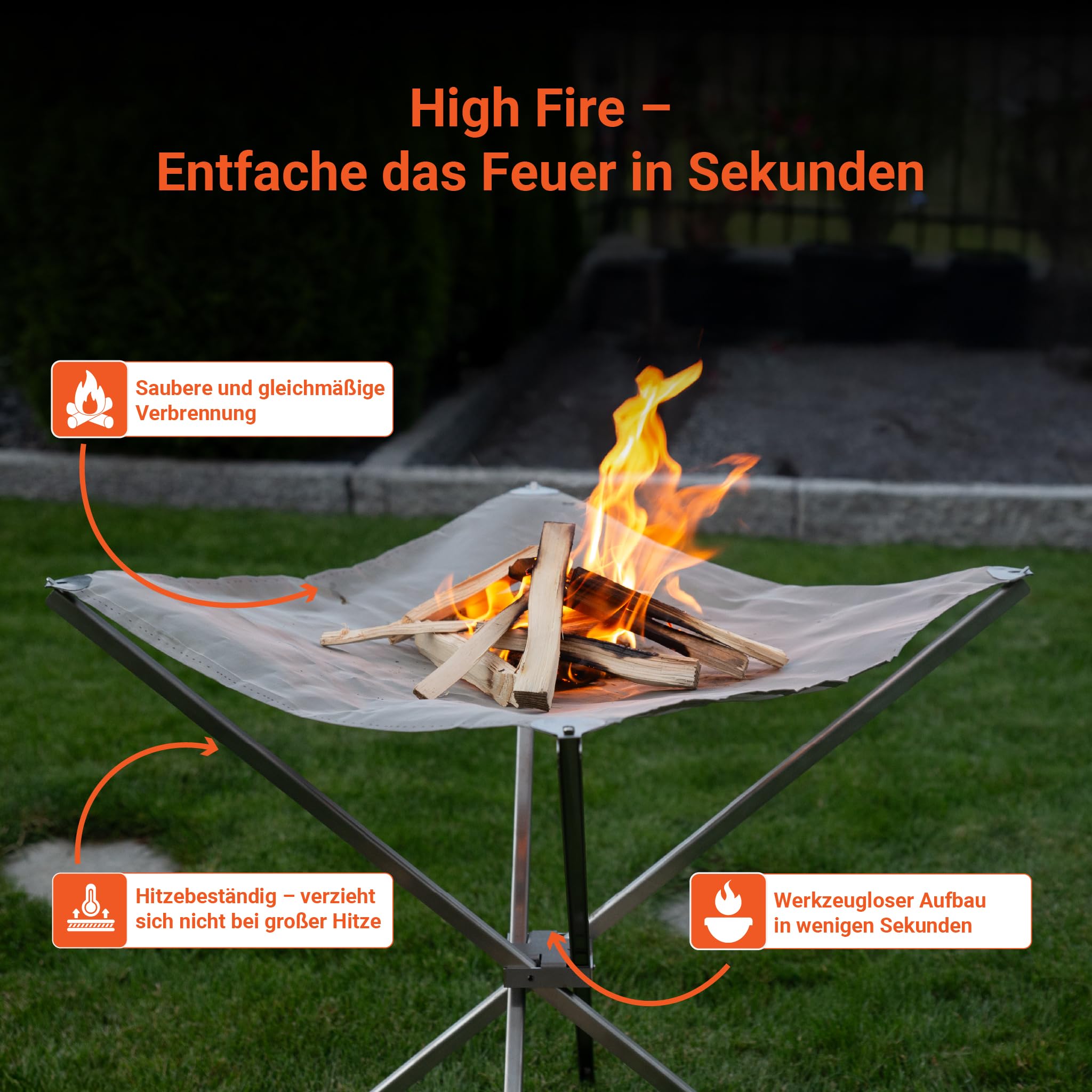 FENNEK HIGH FIRE tytanowa | Wysoce jakościowa, przenośna siatka paleniskowa XL z stali nierdzewnej odpornej na wysokie temperatury | Rama z tytanu | 60x60x63 cm | z torbą | Idealna do domu lub zastosowań mobilnych