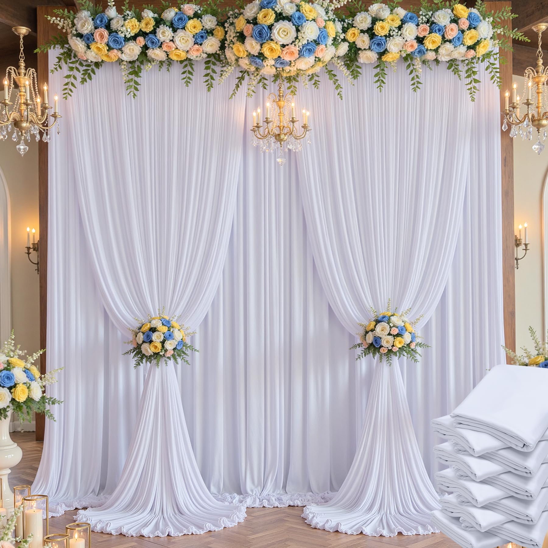 50×14 ft White Wrinkle Free Backdrop Curtain for Wedding Parties, 10 Panels 5×14ft Height Soft Silky Polyester Backdrop Drapes White Photo Back Drop