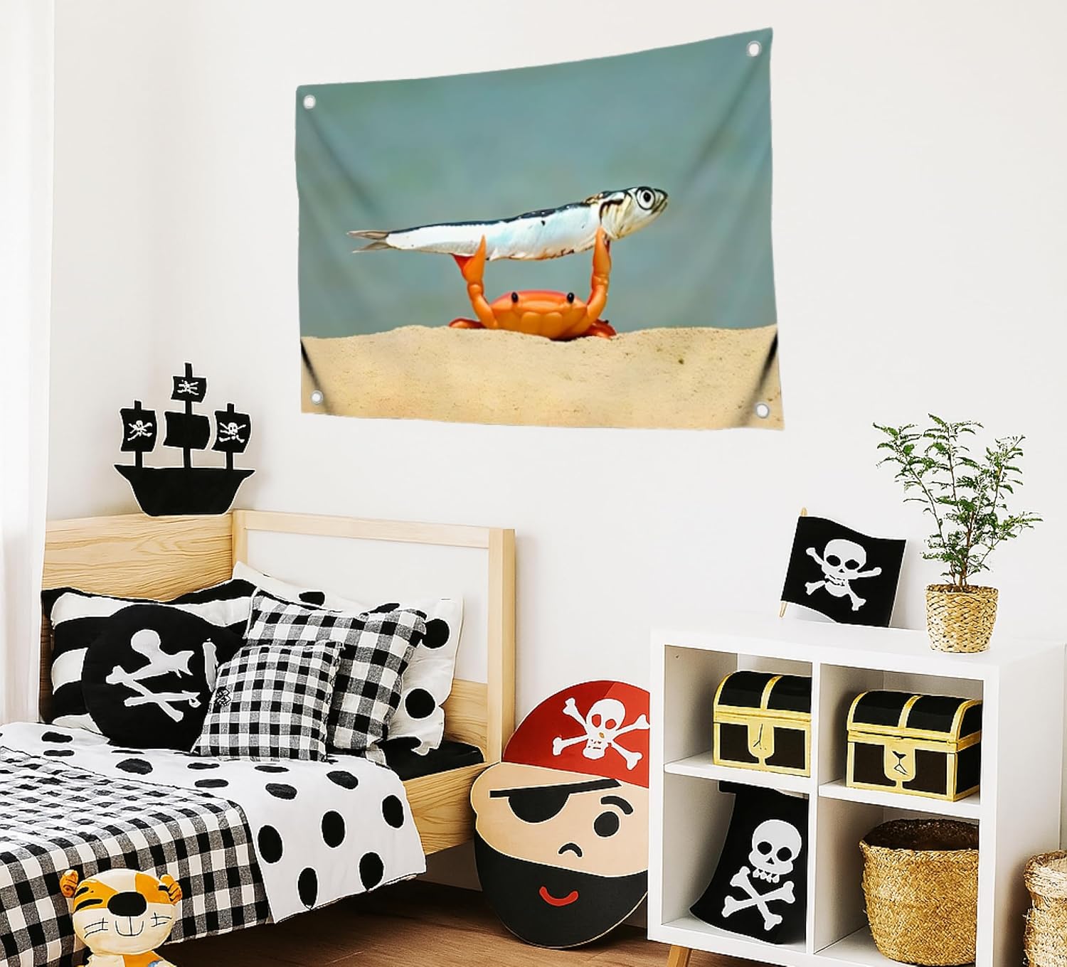 3x5 Feet Meme Flag with Сrab Holds Fish with Four Brass Grommets - Single Sided Cool Funny Tapestry for Bedroom Decor Man Cave Style - Polyester Funny Tapestries College Room Decor for Girls and Guys - Image 6