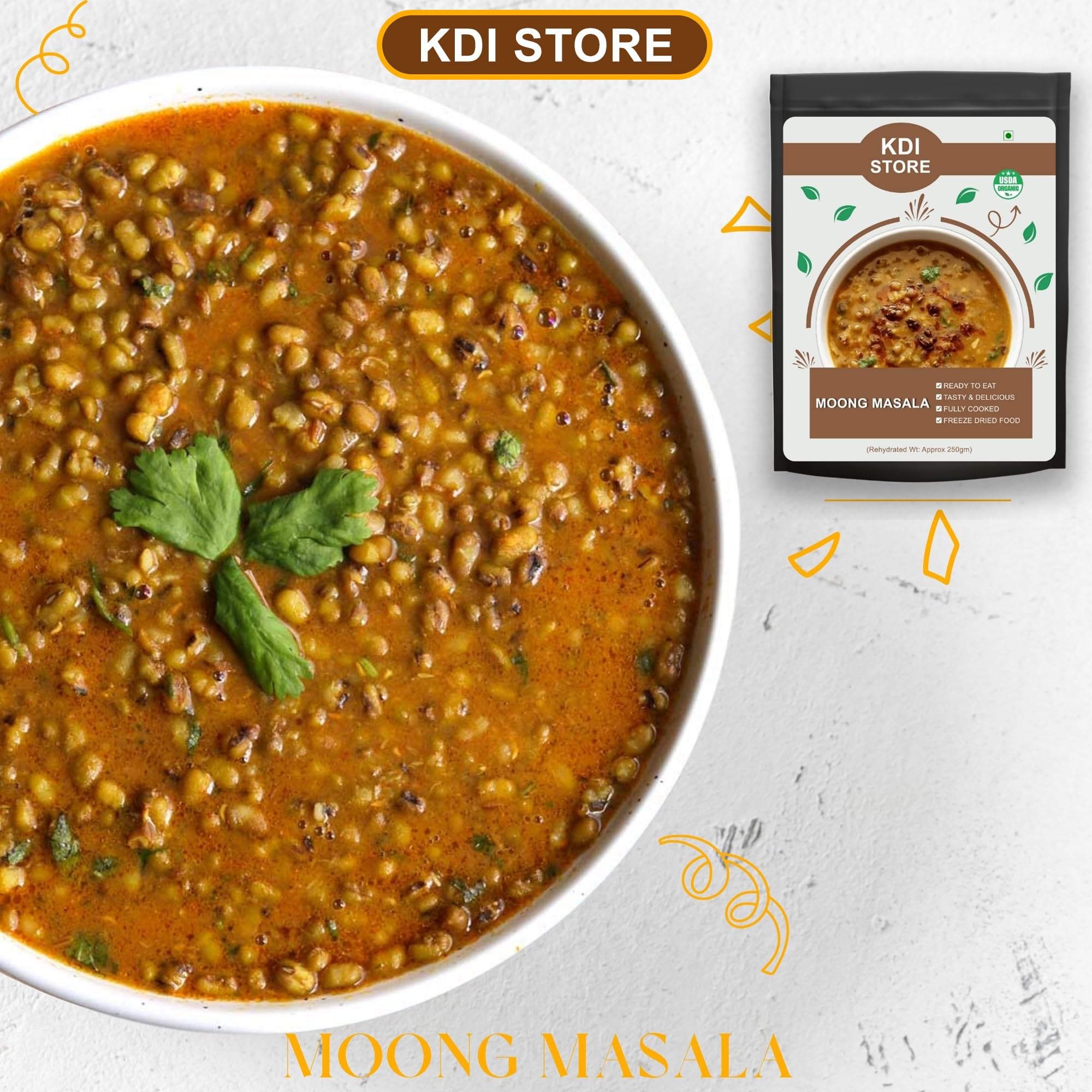 KDI Store Moong Masala, USDA Organic Ready to Eat Lentil Curry, Freeze Dried Indian Food, Fully Cooked,50gm