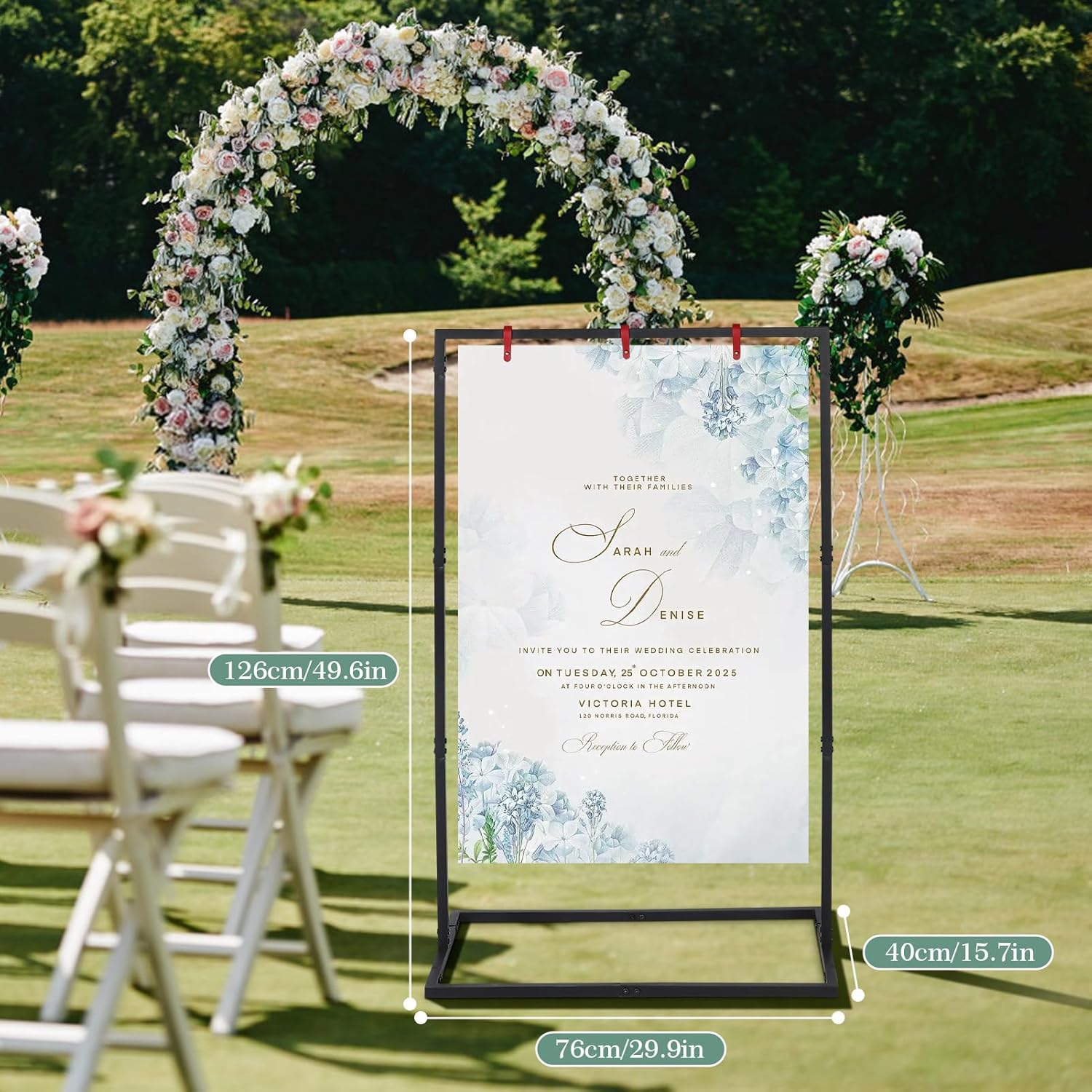 Gugxiom Wedding Sign Holder, 49.6x29.9x15.7in Elegant Metal Easel Display, with Leather Sign Hanging Straps, Heavy Duty Easel Stand for Sign