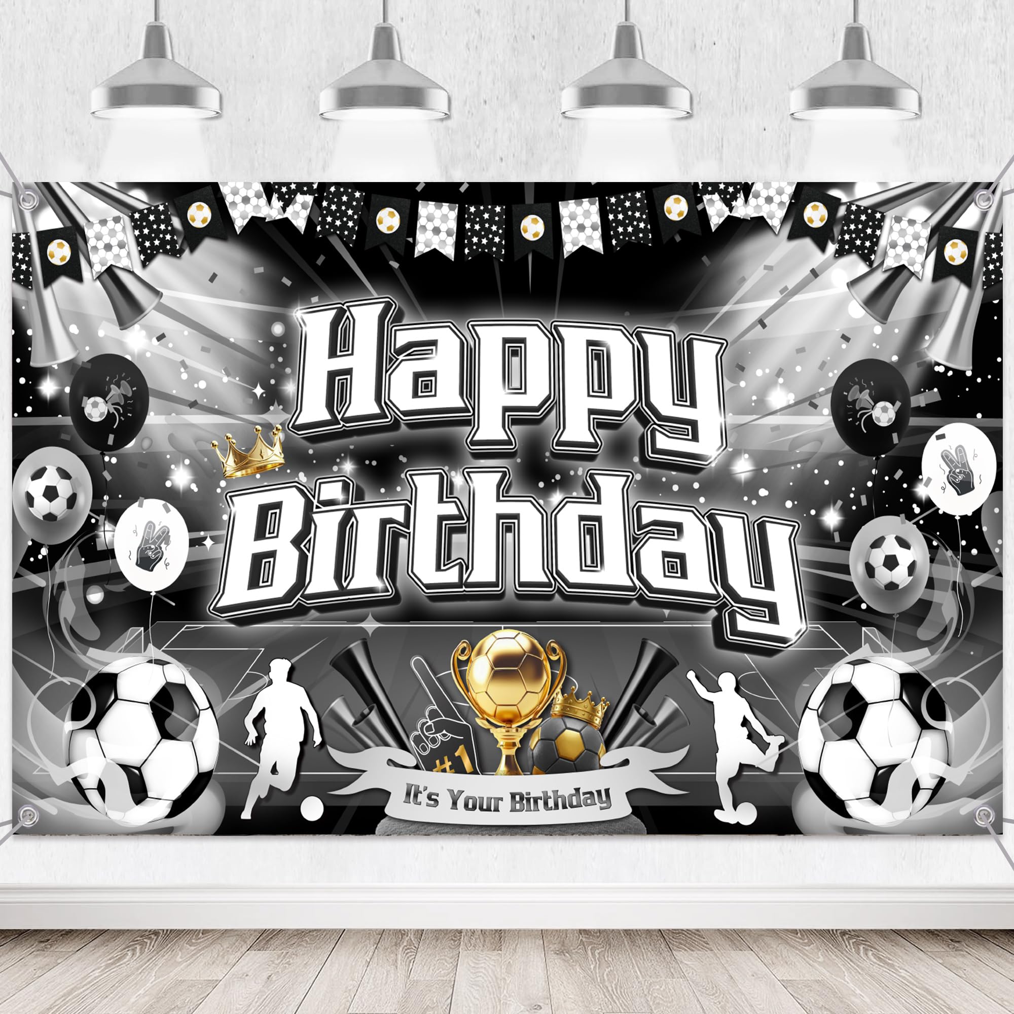 Football Birthday Decorations Party Banner - Black Happy Birthday Soccer Backdrop for Boys and Girls, Sports Theme Photo Background for Football Party Supplies Decor