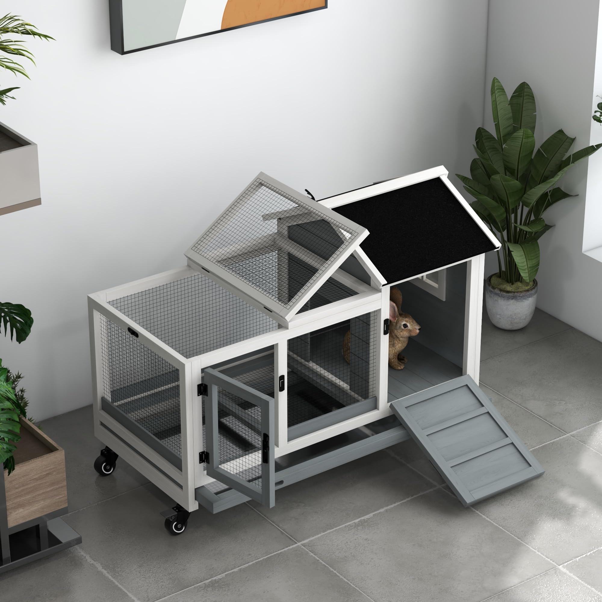PawHut Gabbia legno conigli e cavie 108x58x73,5cm grigio | Casetta per animali piccoli con ruote, per esterno e interno, vassoio estraibile