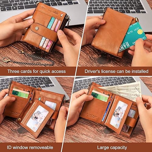 Miniatura 3 de gzcz Billeteras de cadena RFID para hombre, cartera de cuero genuino con cremallera plegable para trabajo, viajes, al aire libre con ventana de