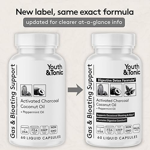 Miniatura 3 de Youth & Tonic Píldoras de carbón activado para hinchazón y alivio de gases para calmar el estómago y el sistema digestivo desintoxicación con menta