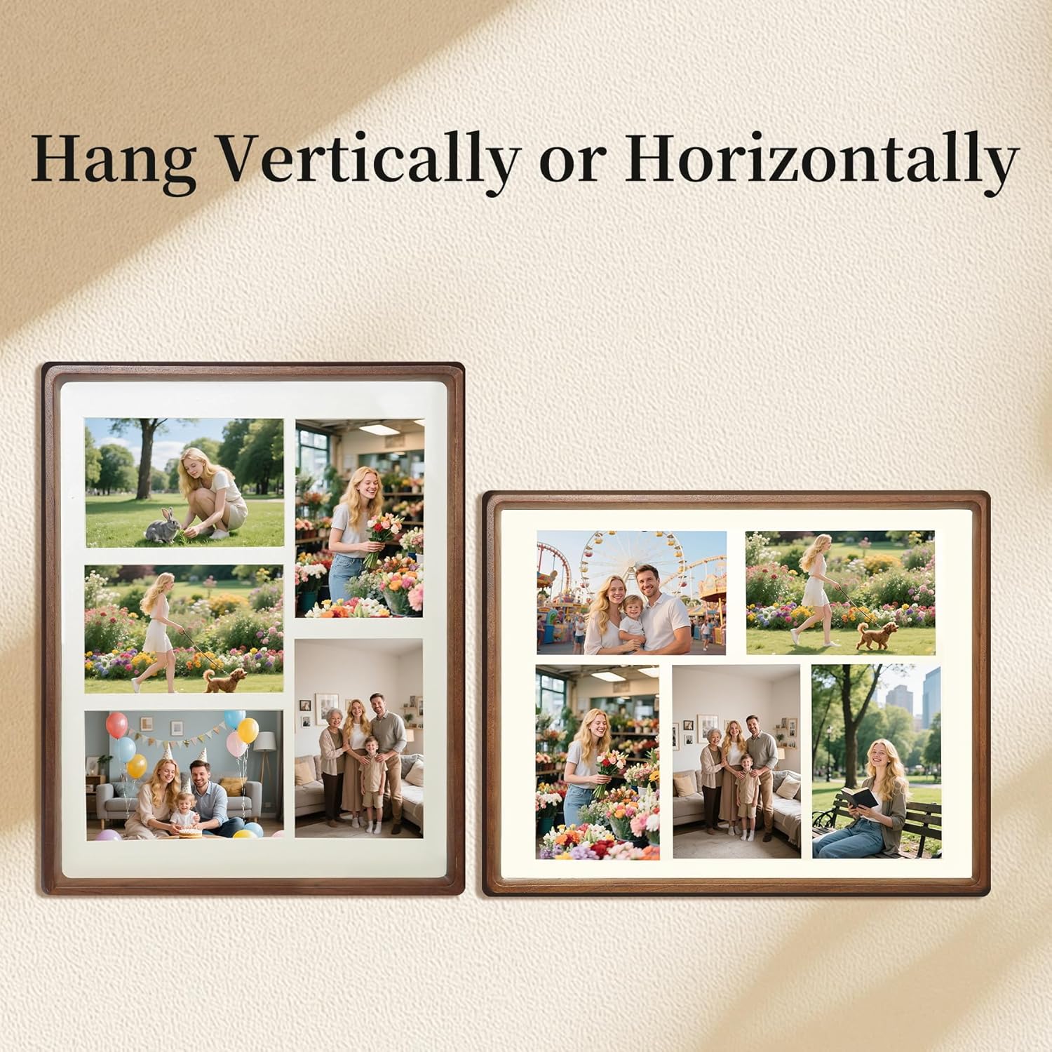 11x14 Collage Picture Frame Walnut Wood, Multiple Five 4x6 Photos or 11x14 without Mat, Rustic Photo Frame with Tempered Glass Hanging Displaying Horizontally or Vertically