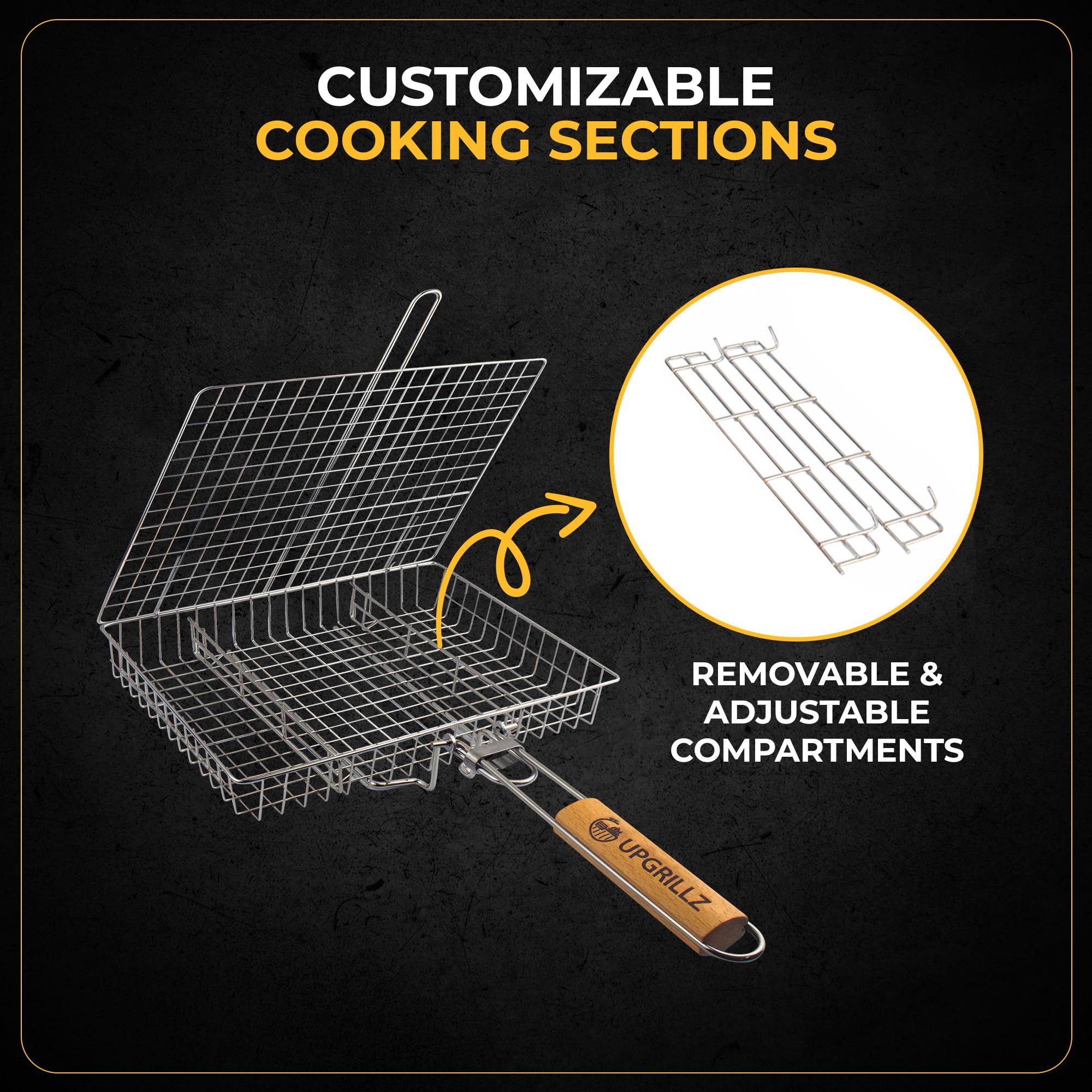 Cesta de parrilla de pescado para barbacoa al aire libre, cesta de acero inoxidable para asar verduras con asa desmontable y plegable con bolsa de transporte