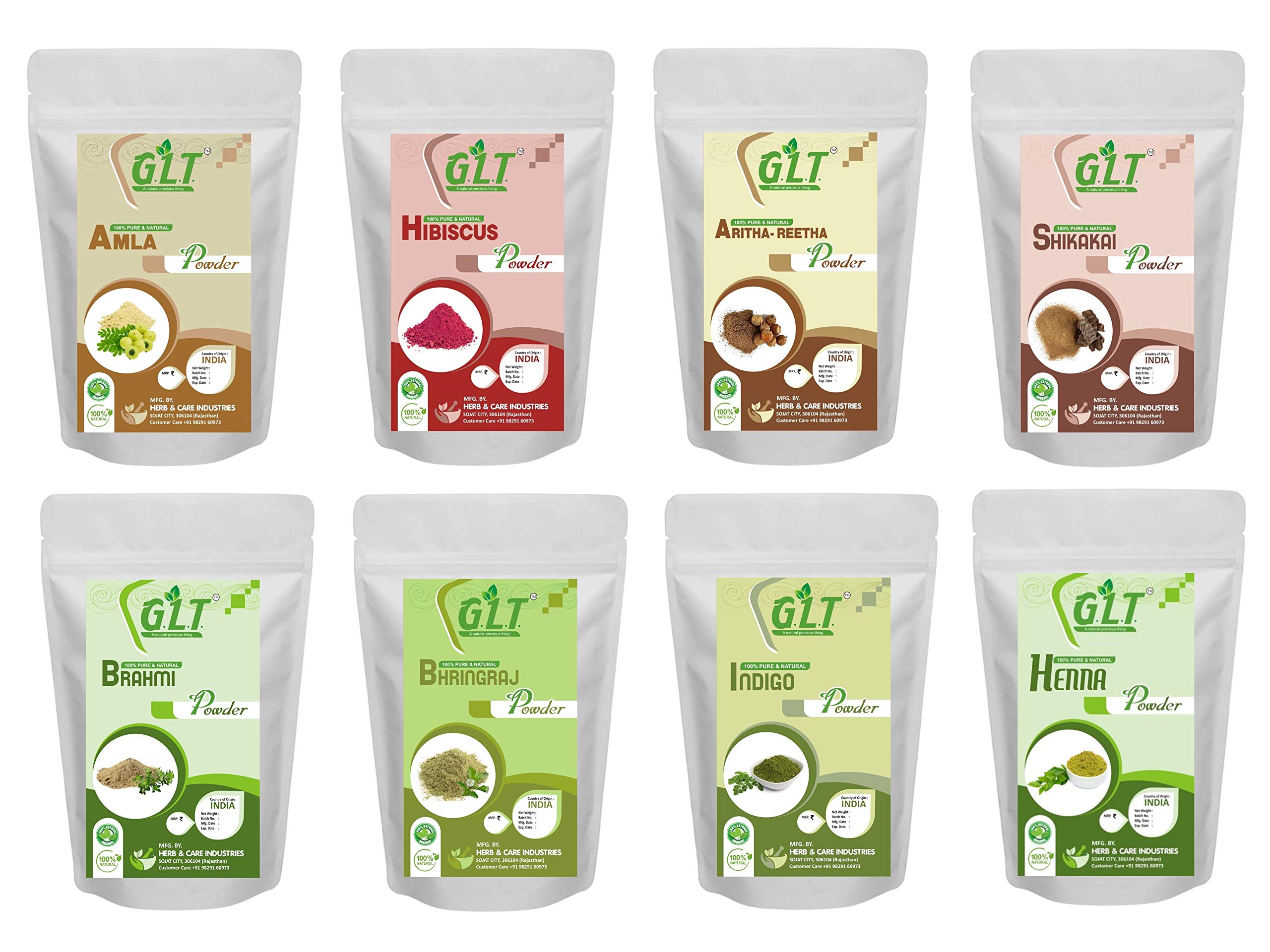 G.L.T. Amla, Reetha, Shikakai, Hibiscus, Bhringraj, Brahmi, Indigo, Henna Powder - Combo Pack of 50gX8 (400gm)-image-22