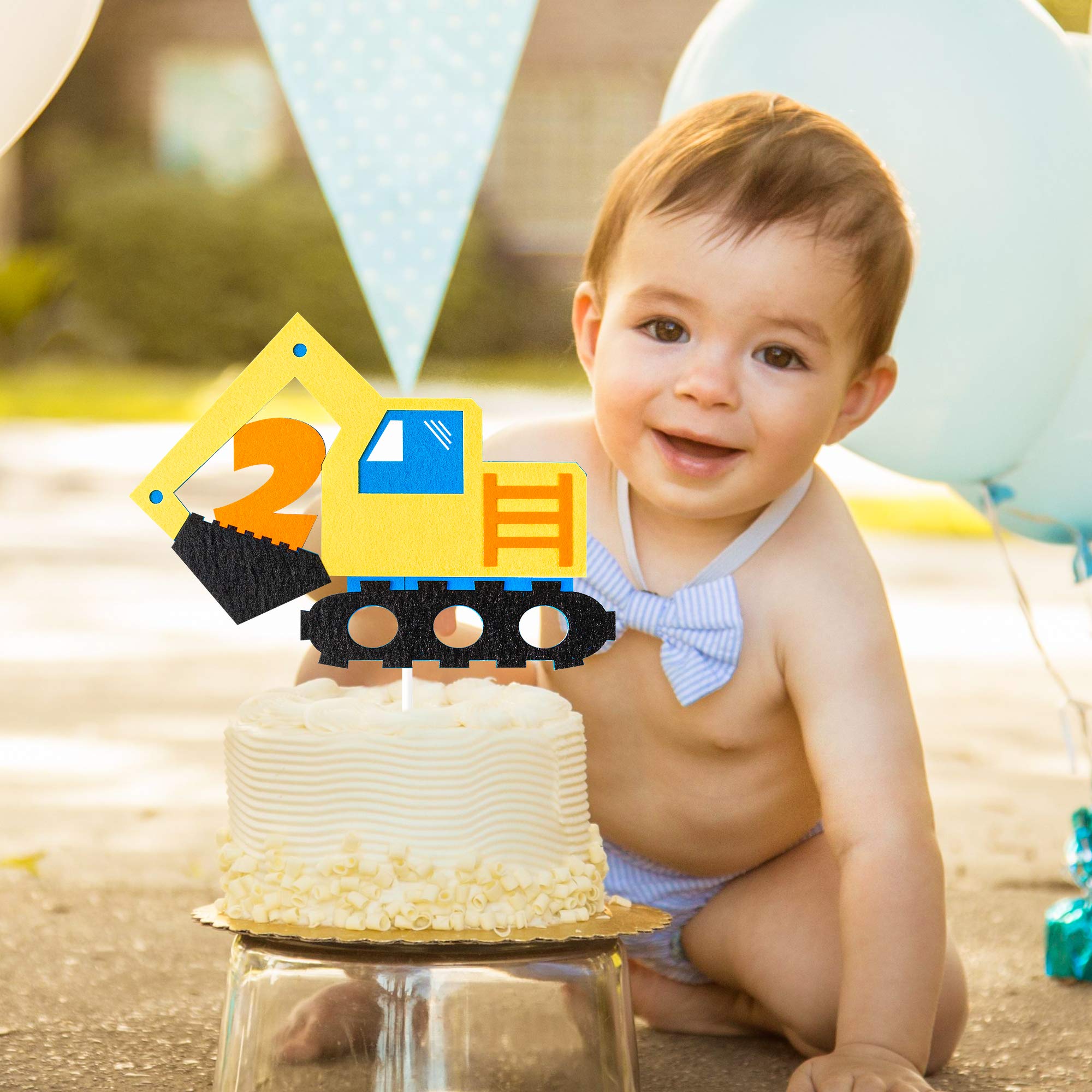 BeYumi Construction Truck 2nd Birthday Cake Topper Decoration, Excavator Digger Two Felt Cake