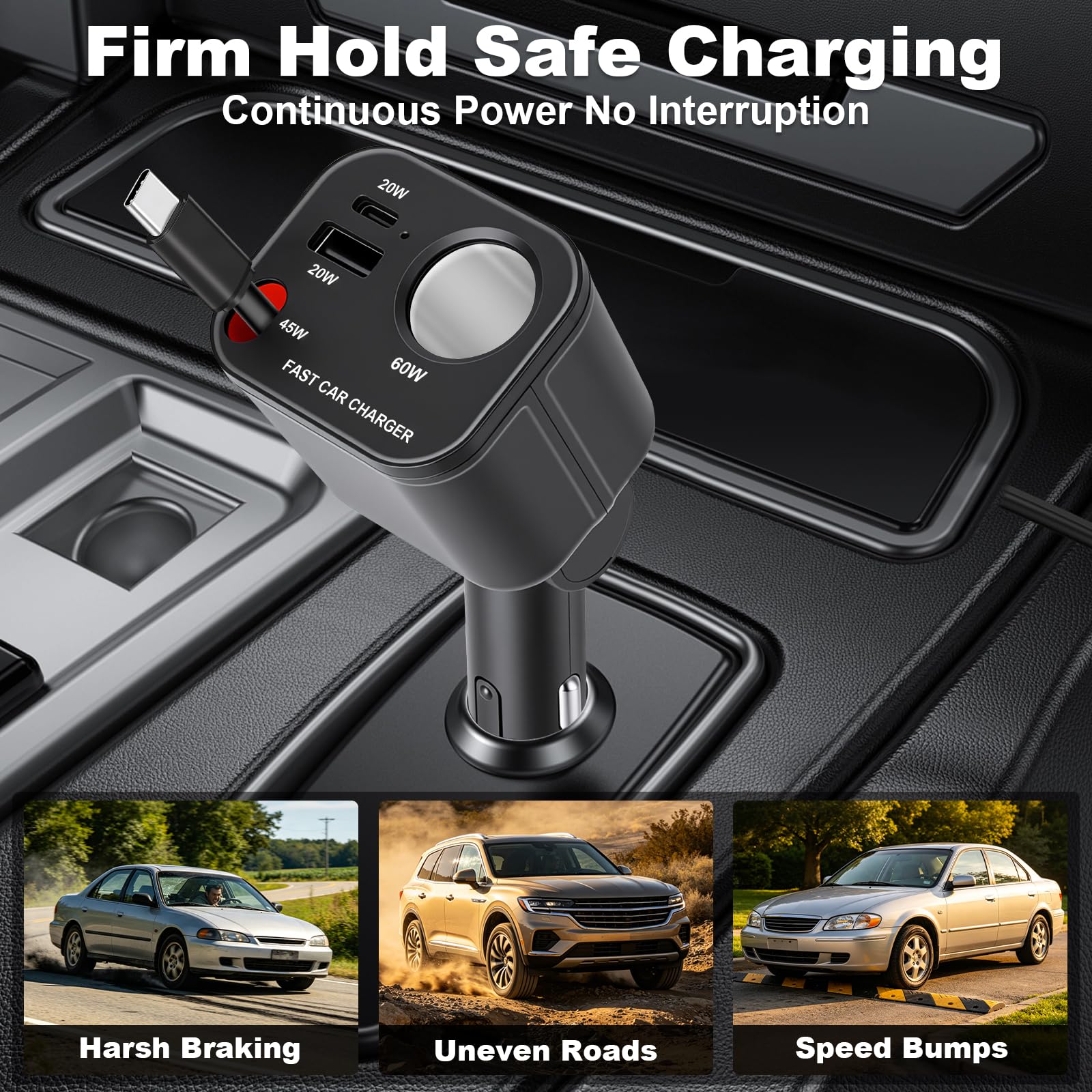 4 in 1 presa accendisigari USB C, 145 W, caricatore da auto con cavo retrattile di tipo C, adattatore USB da 12 V/24 V, compatibile con iPhone17/16/Samsung S26