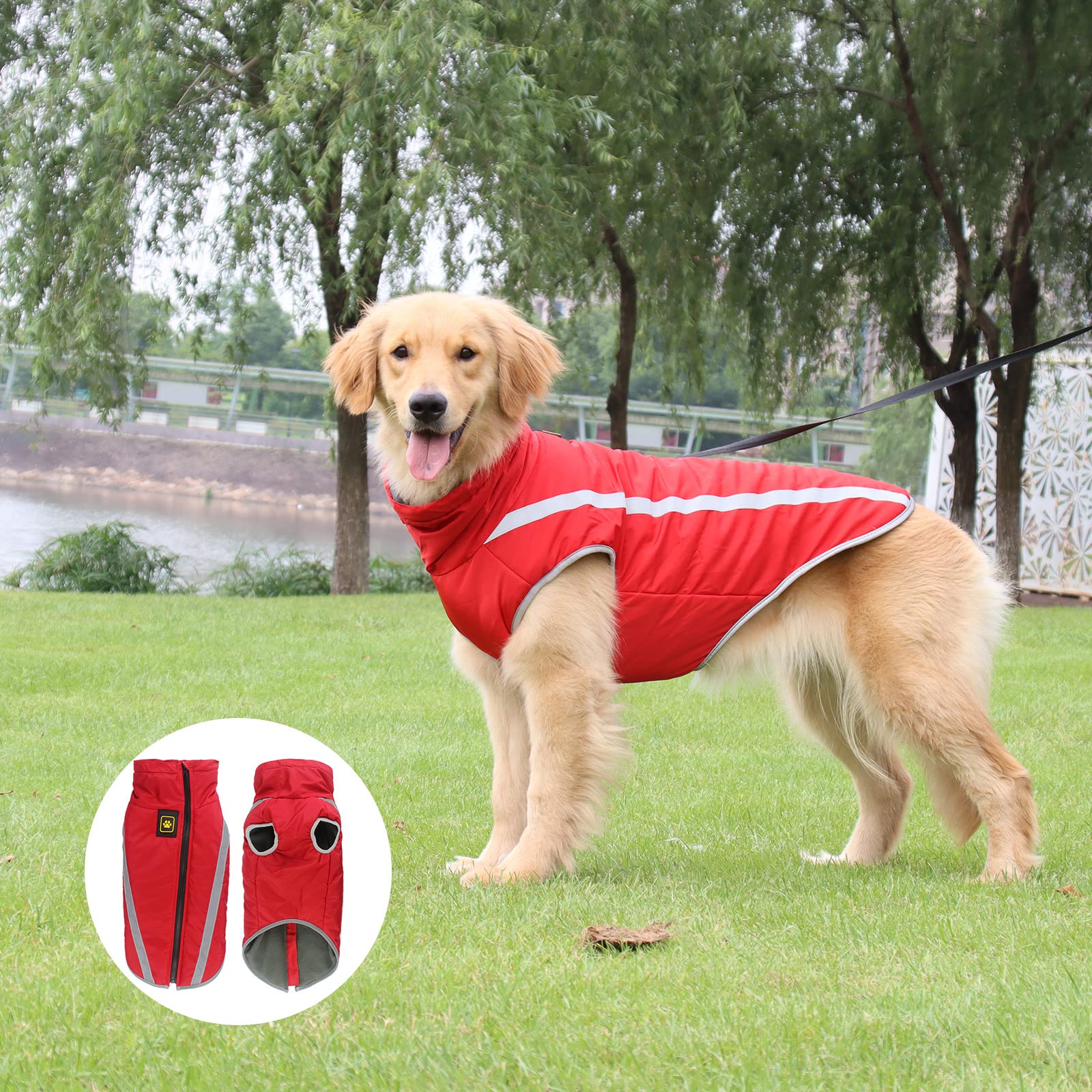 Giacca Invernale per Cani di Taglia Media e Grande, Abbigliamento Impermeabile in Pile Riflettente, Cappotti per Cuccioli all'Aperto per Bulldog (5XL/60cm, Rosso)