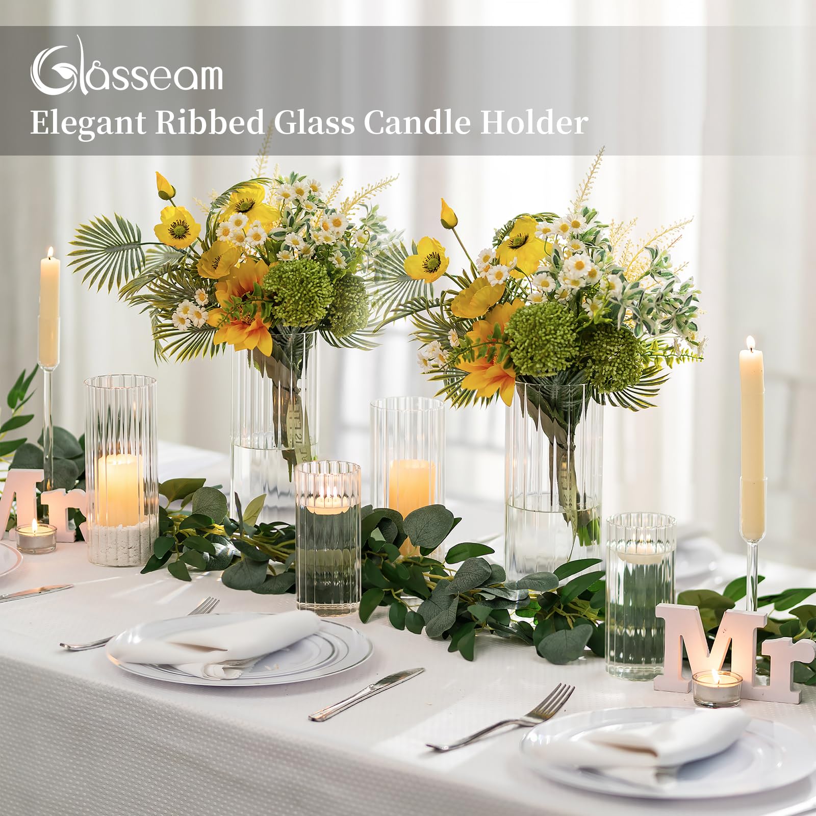 Glasseam Set di 18 portacandele cilindrici in vetro, vaso trasparente a coste, portacandele a colonna, portacandele galleggianti per centrotavola, vasi da fiori per centrotavola e tavolo da pranzo