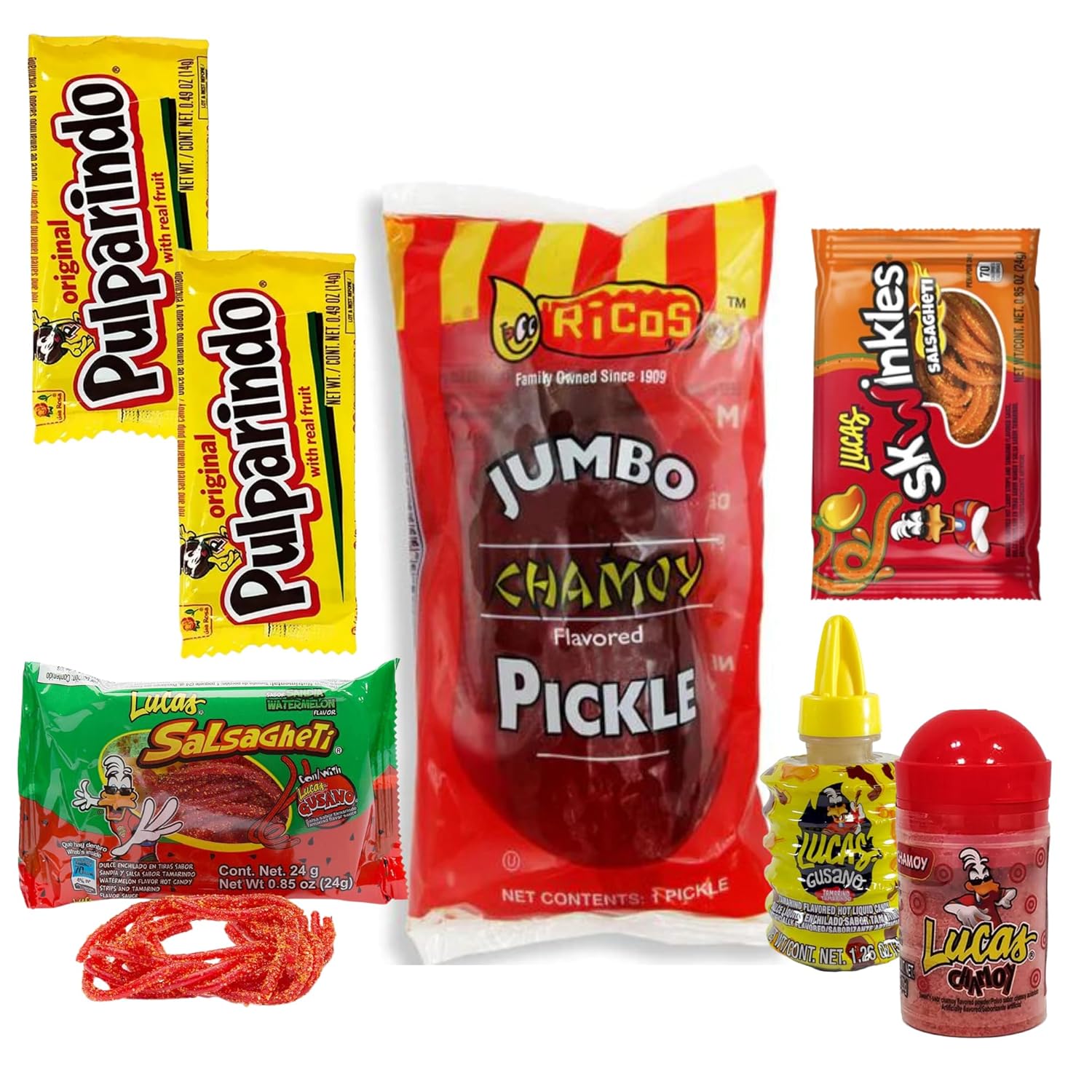 Chamoy Deluxe Pickle Kit 7 artículos Mezcla de dulces mexicanos famosos