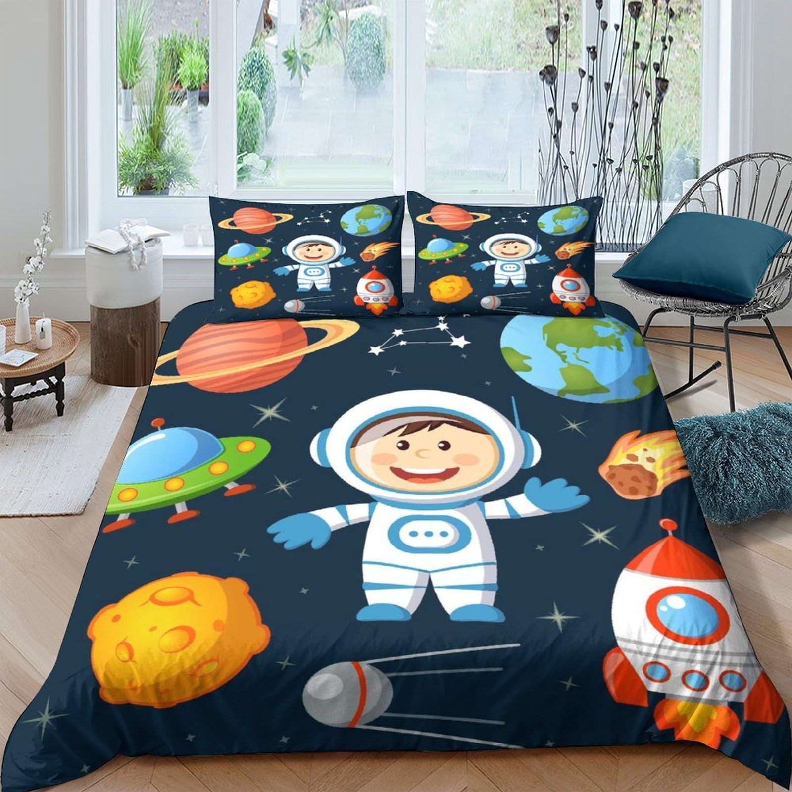 Ctjqhvkz Style-2 3D Printed Space Cartoon Fitted Sheet Microfiber Fun Astronaut Rocket Mattress Cover For Bedroom Dorm Easy Care Single（135X200cm）