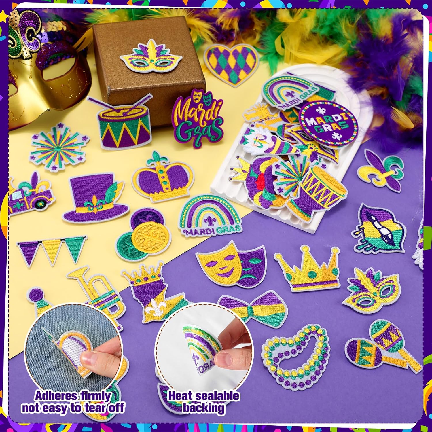 Zeyune 72 Pcs Mardi Gras Iron on Patches Bulk Carnival Sew on Repair Embroidered Patches Applique Fleur De Lis Mystery Mask Crown Cap Decor DIY Crafts Gift for Clothes Backpack Hat Jacket, 36 Styles