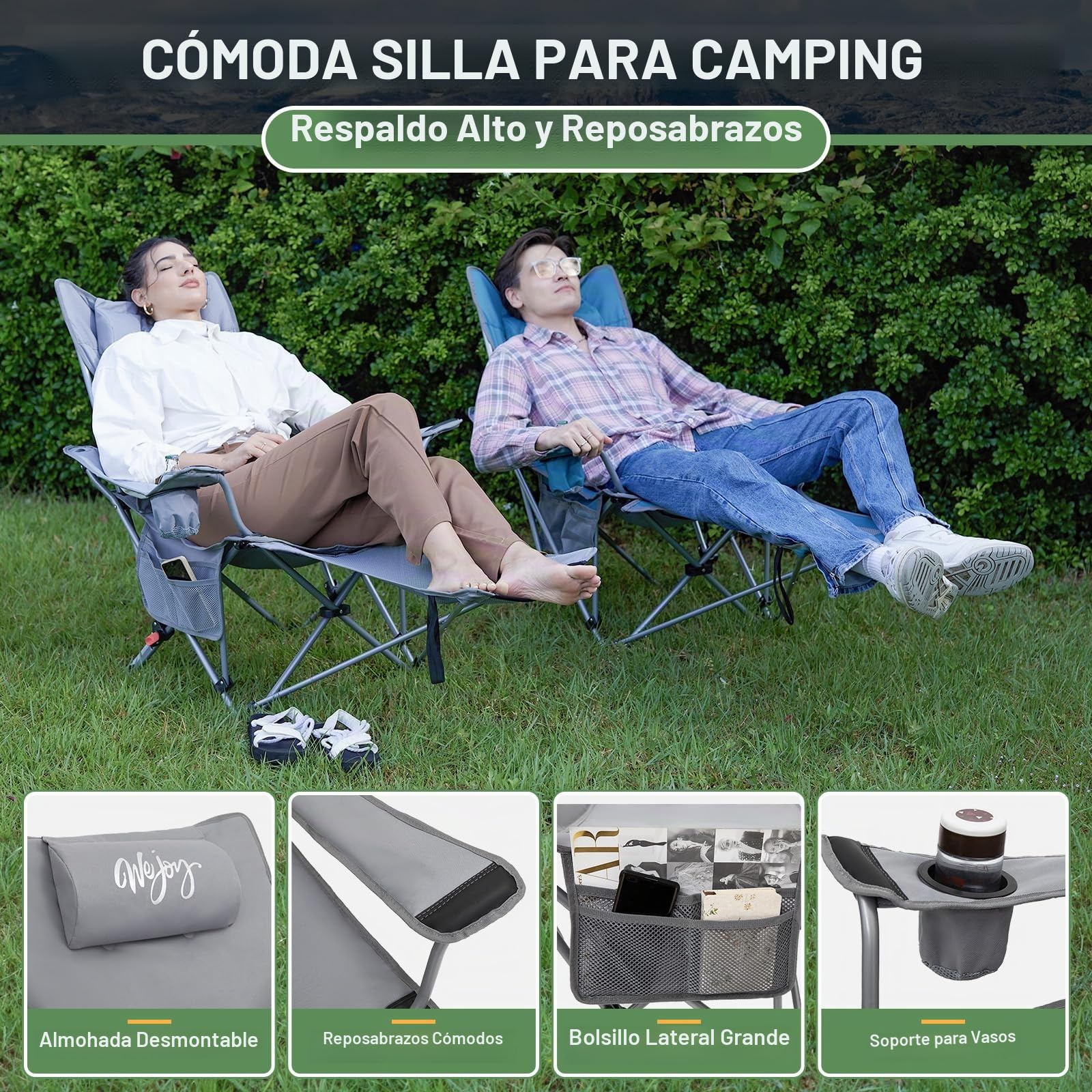 #WEJOY Sillas reclinables plegables ajustables con reposapiés desmontable, soporte para tazas, ligera, portátil, acolchada, reclinable, para playa, jardín, juego de 2 unidades