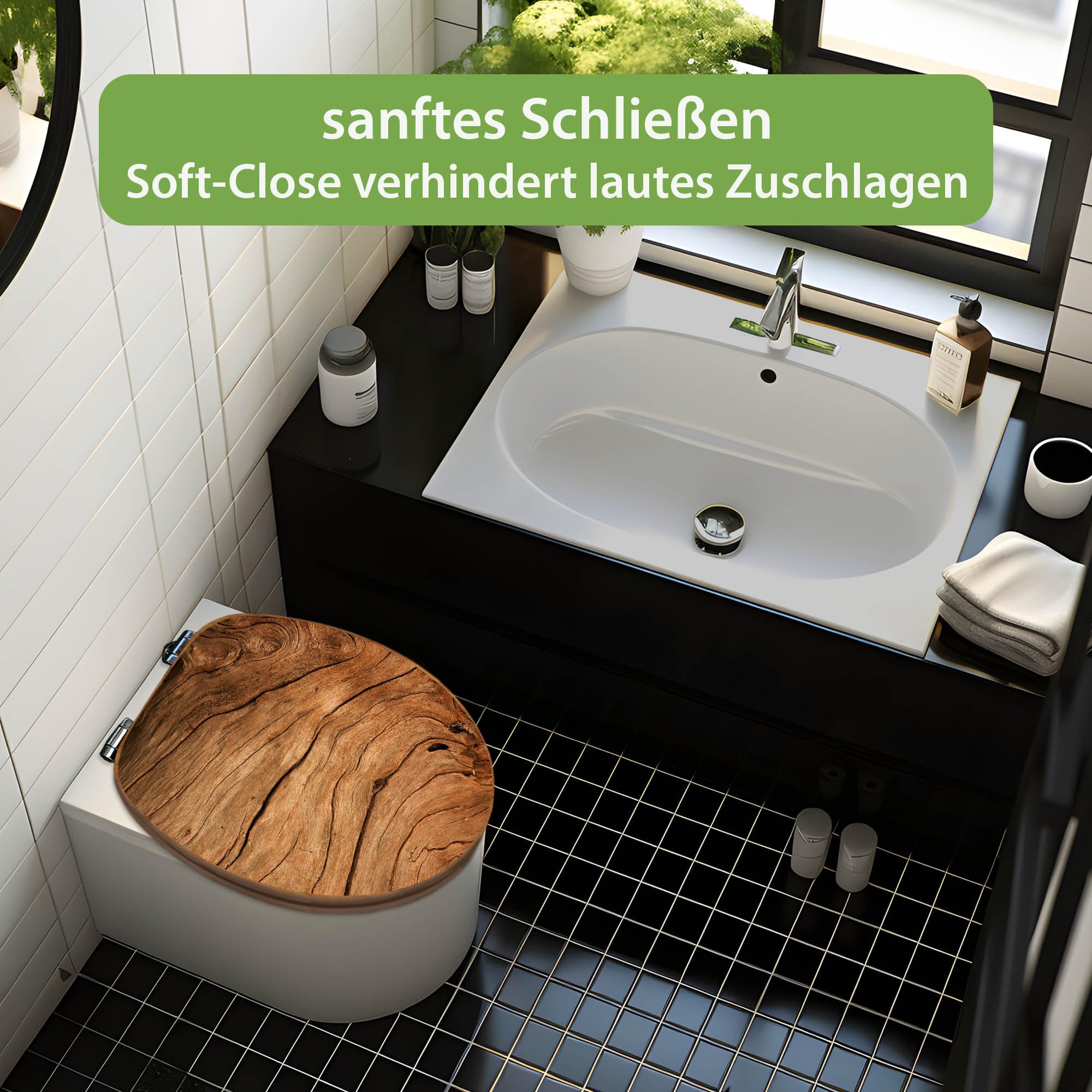 banjado Design WC Sitz Bambus Absenkautomatik 45,8x37,5cm - Toilettendeckel mit Absenkautomatik Holz - hochwertiger Bambus Klodeckel - WC-Sitz für gängigen Toiletten - Motiv Trockenes Holz