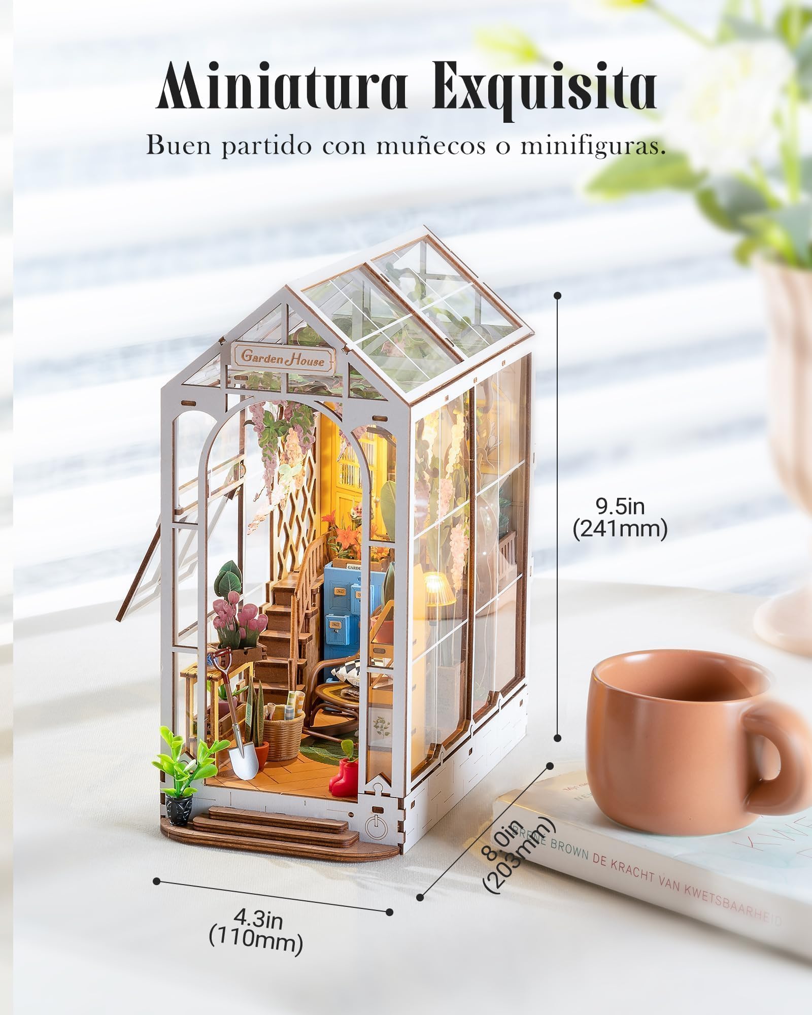 ROWOOD Book Nook Kit Gardenhouse, Booknook DIY Miniaturowy zestaw do domu ze światłem LED, podpórki do książek, zestawy modeli dla dorosłych do budowania, 3D, drewniane puzzle, regał na książki