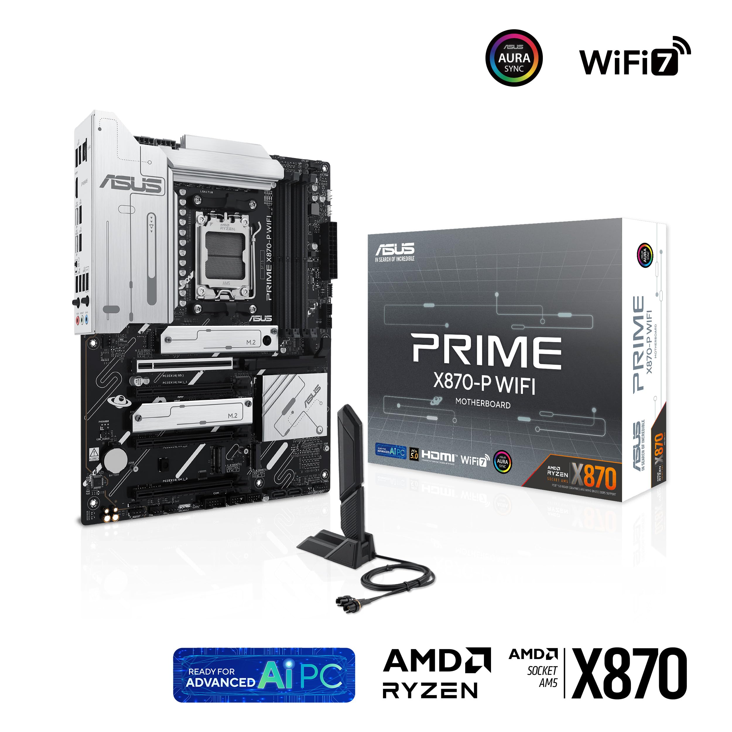 ASUS Prime X870-P WiFi – Carte mère Gaming AMD Ryzen AM5 X870 ATX (DDR5, 14+2+1 (80A) DrMOS, PCIe 5.0, 4 x M.2, USB4, HDMI, WiFi 7, Aura Sync RGB)