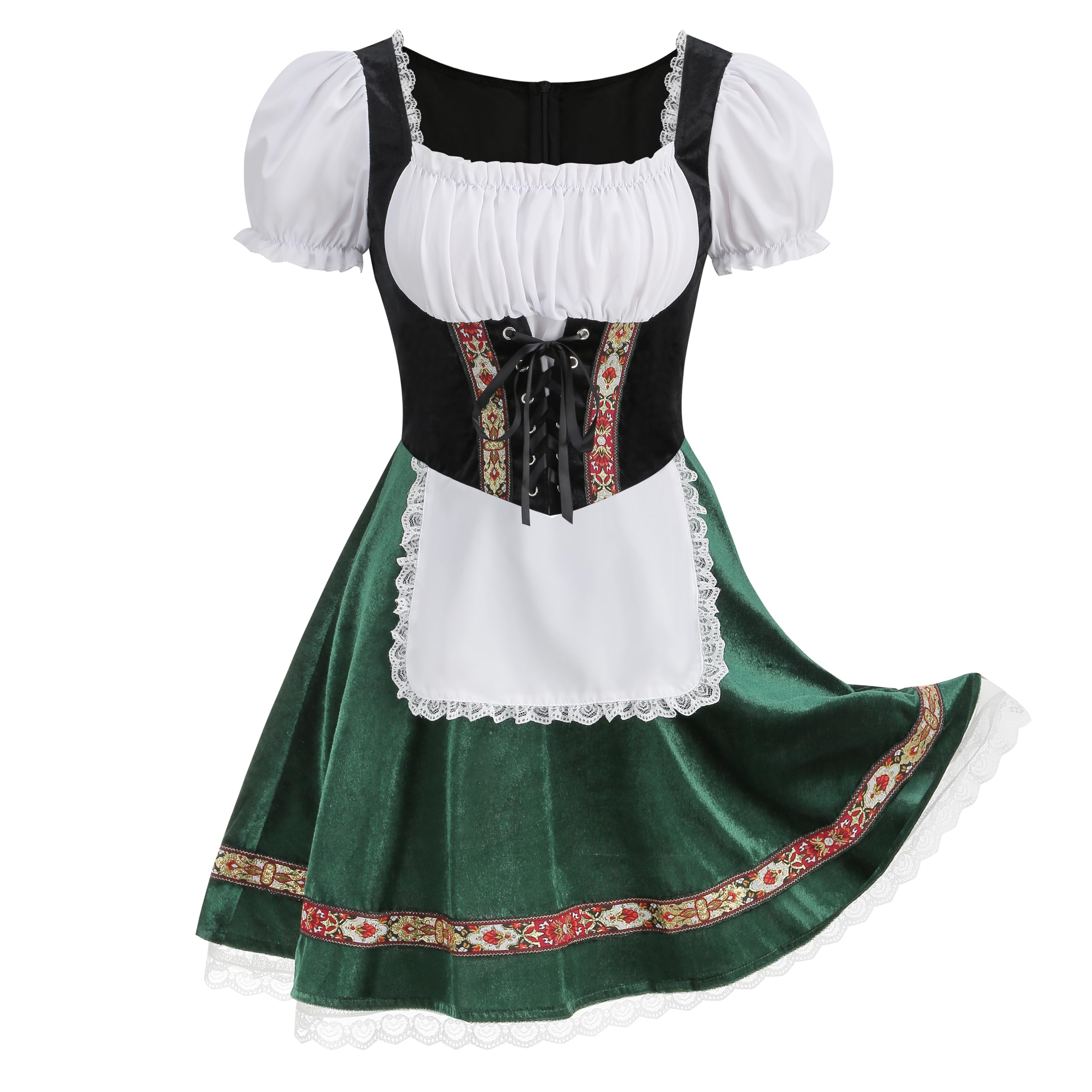 HAPNBCELE Women Oktoberfest Costume Adult German Bavarian Dirndl Velvet Puff Sleeve Green Beer Dress Halloween Carnival Cosplay XL - Image 4