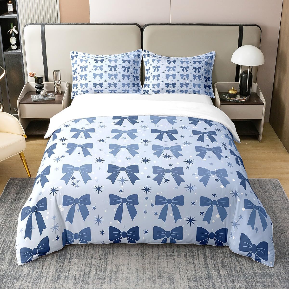 Bowknot Bedding Set King Size,Pink Lines 100% Cotton Duvet Cover 3Pcs,Kids Teens Girls Woman Room Decor,3D Bow Butterfly Comforter Cover White Modern Sweet Reversible Quilt Cover,2 Pillowcases