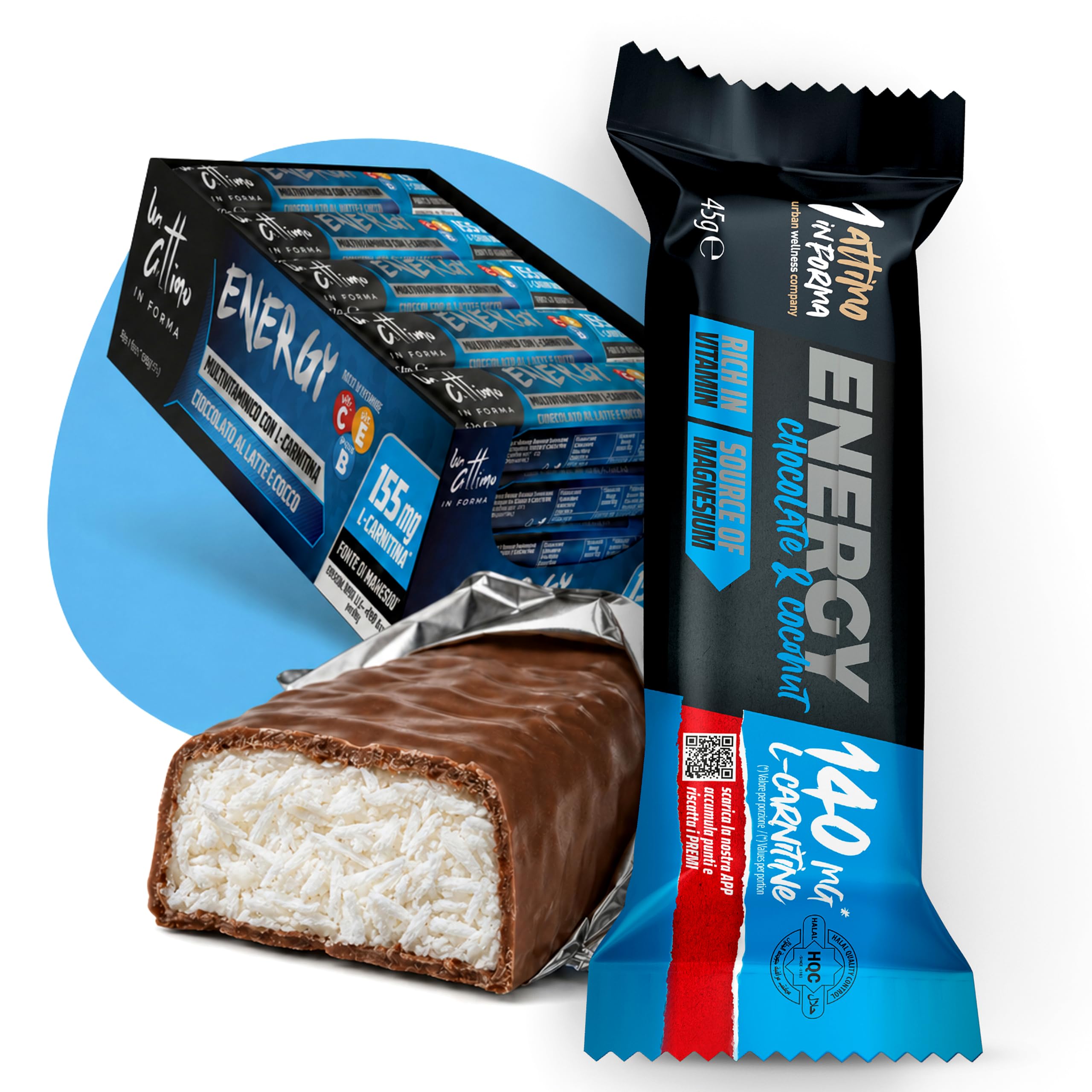 1 ATTIMO IN FORMA 24 Energy Bars 50 g Coconut and Milk Chocolate with L- Carnitine, Magnesium, Vitamins C, E and Group B, Energy Snack, Cycling, Fitness and Sport Energy Bars