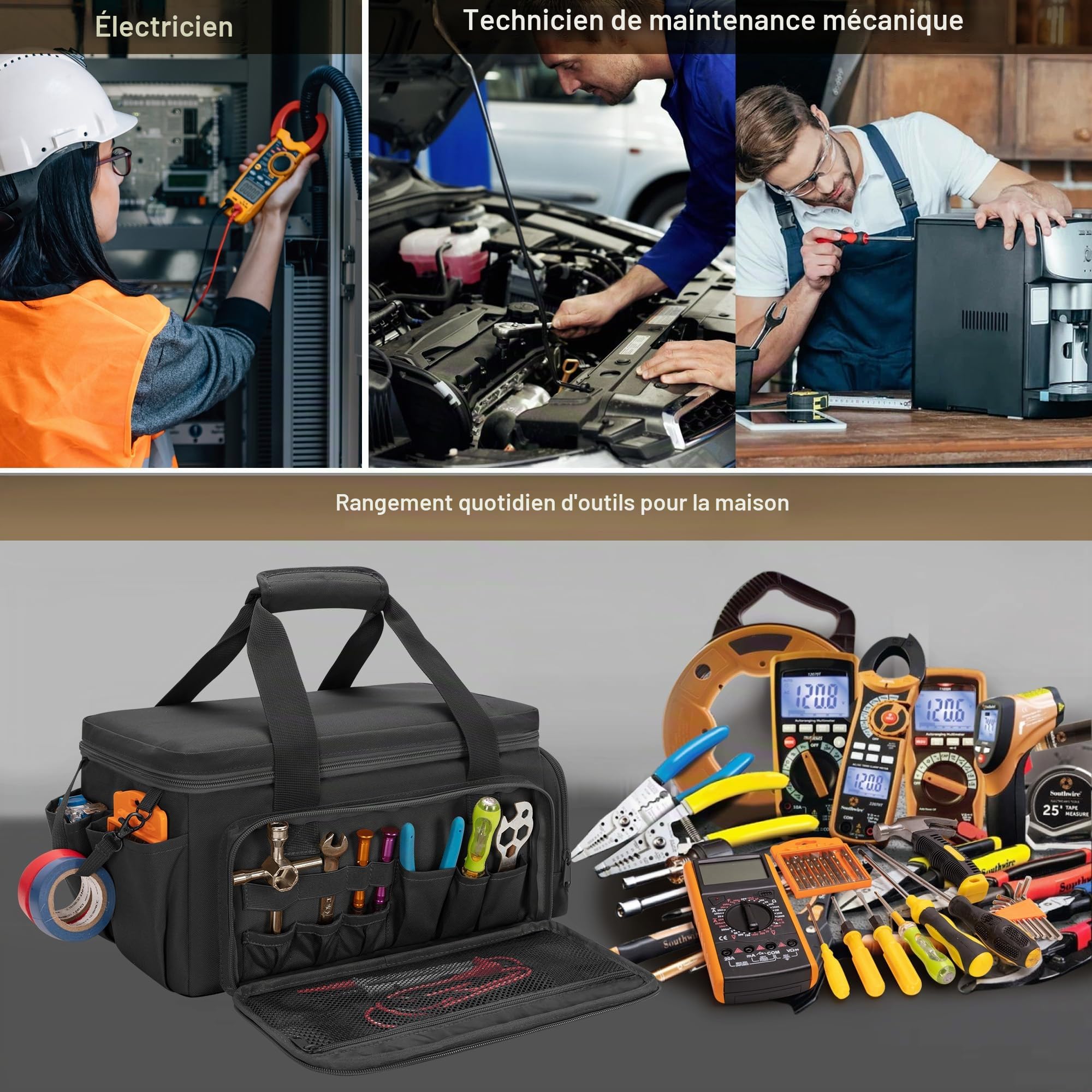 Rexmica 36cm Sac à Outils Tactique, Rangement pour Outils Manuels, Noir | Sac de Travail pour Électricien, Réparateur, Charpentier, Bricoleur