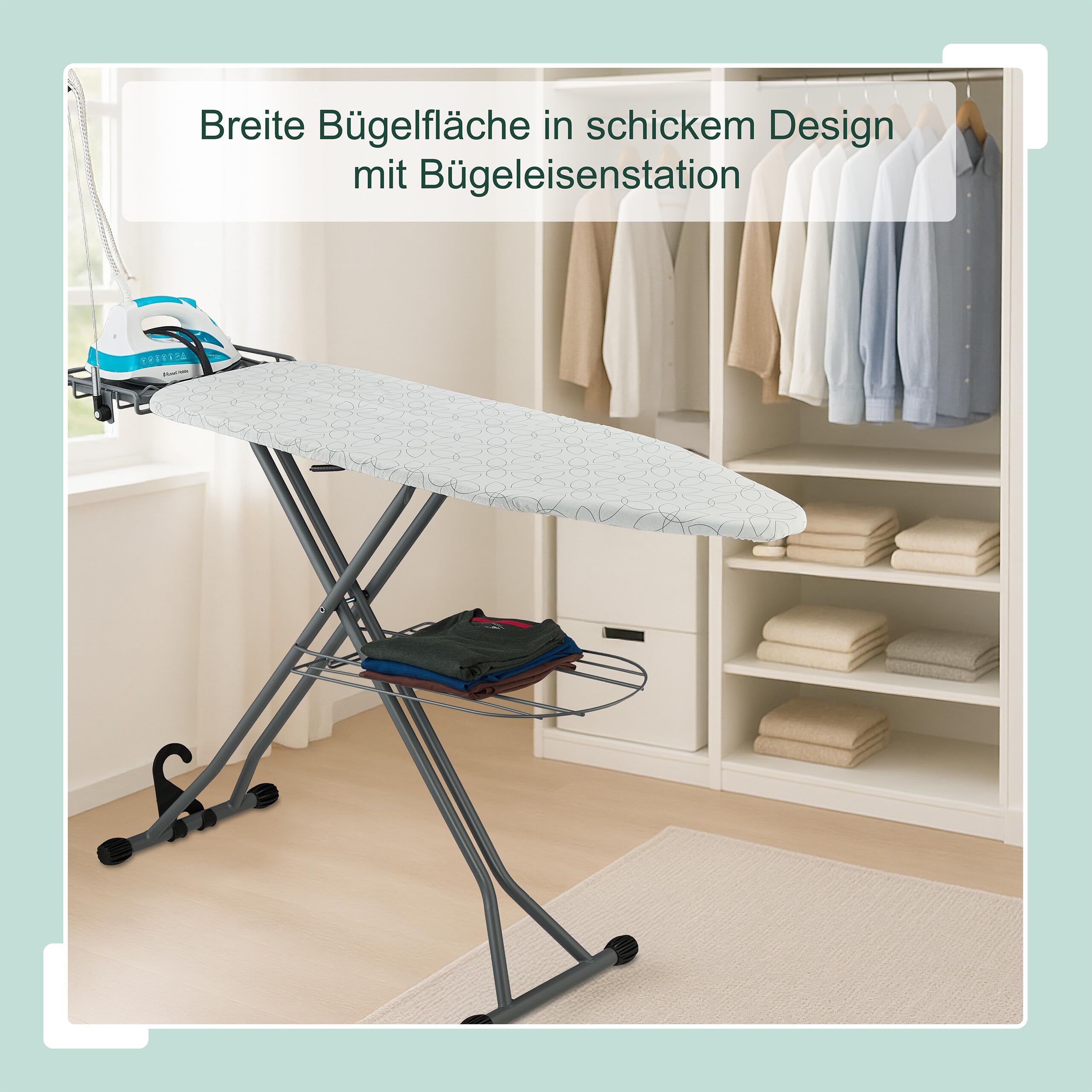 Relaxdays Bügelbrett für Dampfbügeleisen, 115 x 39 cm, höhenverstellbar, klappbar, Bügelstation & Ablage, weiß/Silber