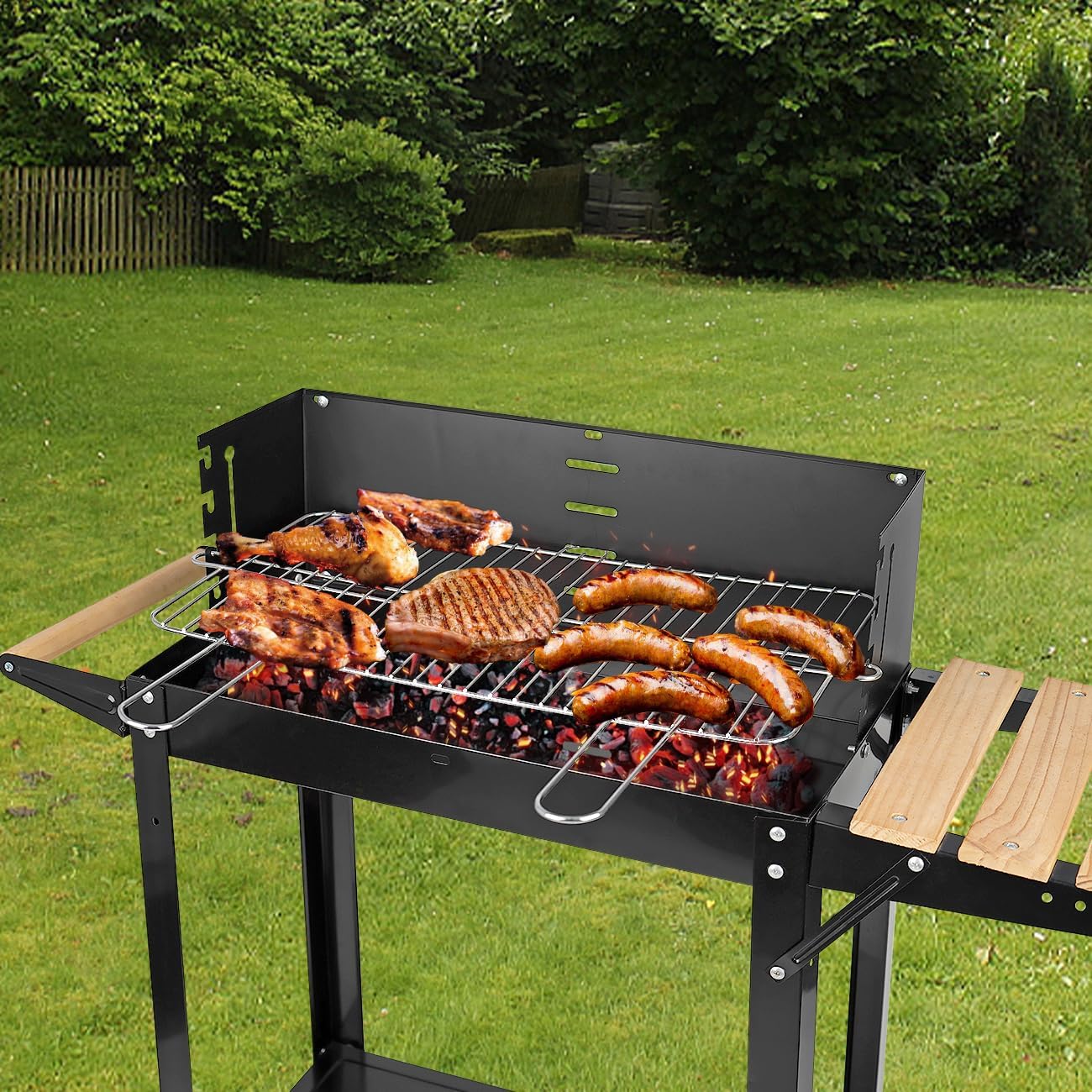 Charcoal Grill, Outdoor BBQ Portable Grill with Side Table and Wheel, Folding Grill for Outdoor Cooking Camping Garden (Black)