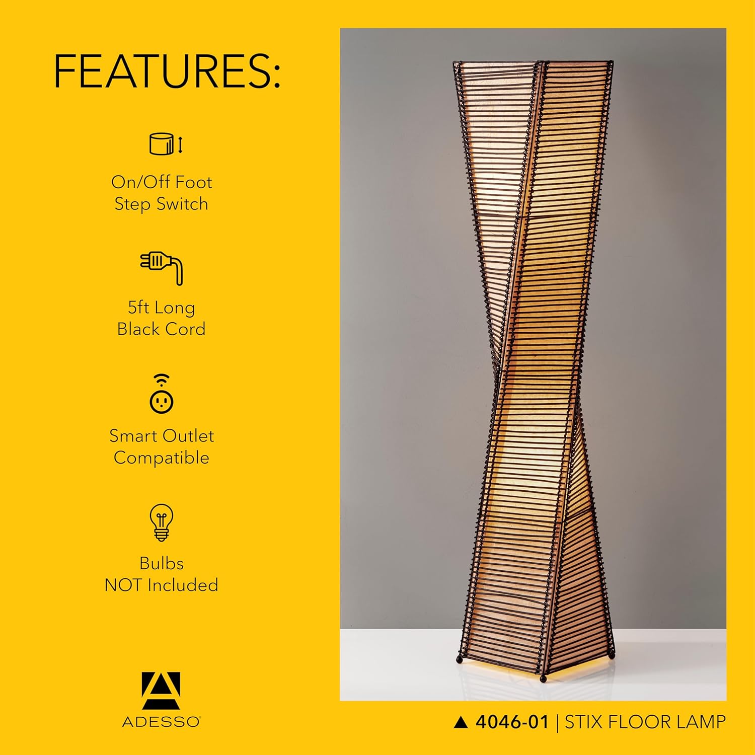 Adesso Stix Floor Lantern – Twisted Square Black and Beige Base, Transitional Two Light Floor Lamp for Bedroom, Home Office Lighting, or Living Room Décor, 50” x 9.5”