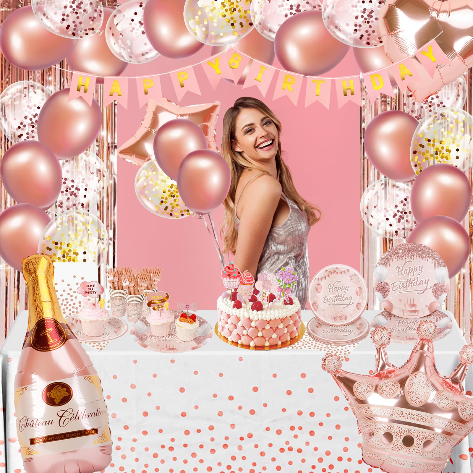 Decorazioni per feste di buon compleanno per donne, piatti di compleanno in oro rosa, tovaglioli, striscioni da appendere a vortice, articoli per feste per ospiti, oro rosa