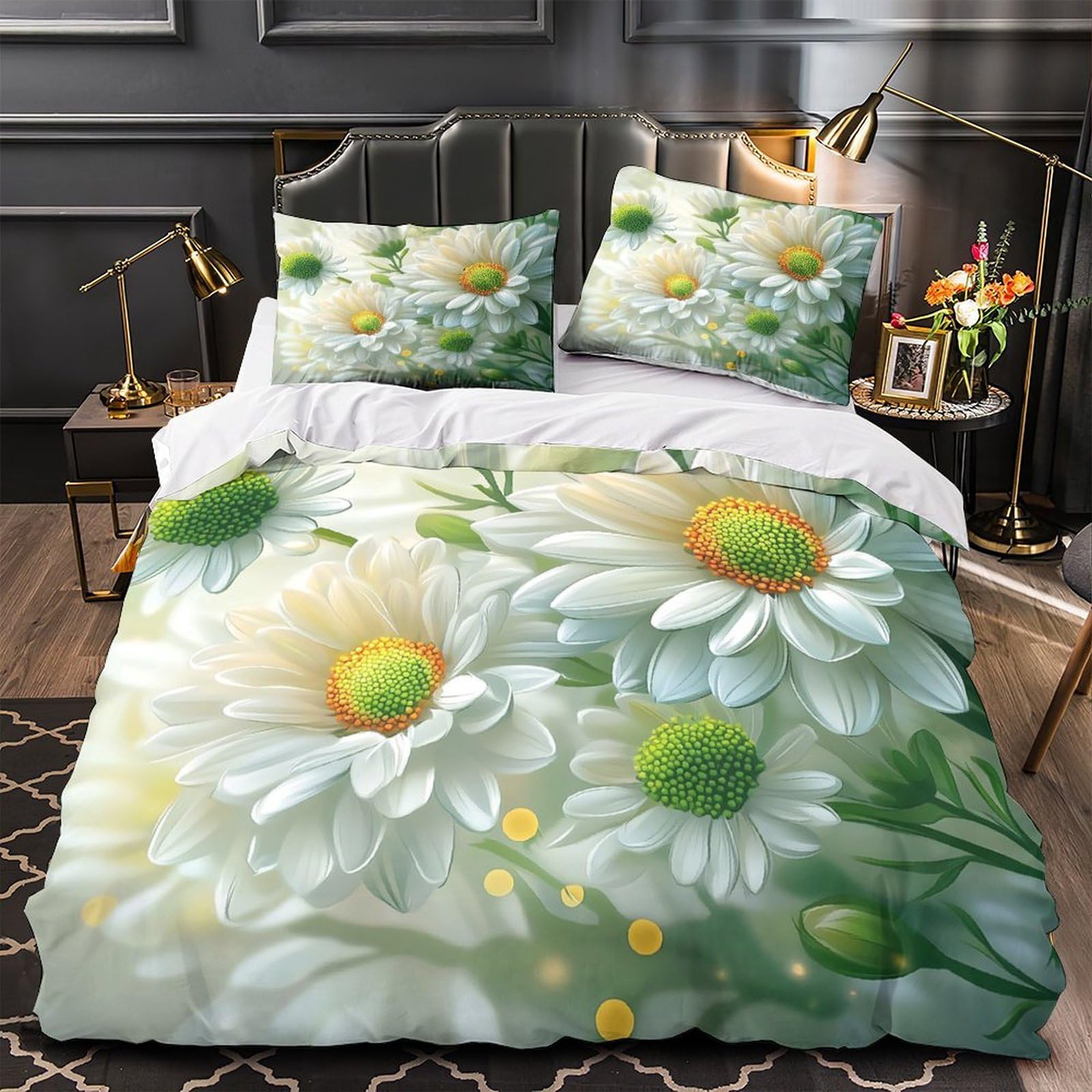 Housse de couette marguerites blanches microfibre haut de gamme 135x200
