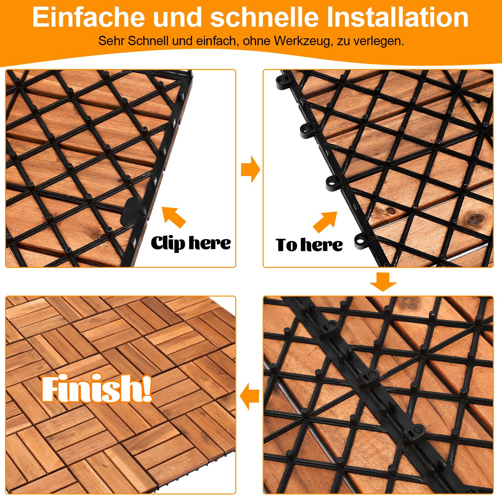 Piastrelle in legno per terrazze, 110 piastrelle per 10 m², 30 x 30 cm, piastrelle per balconi resistenti agli agenti atmosferici con sistema di drenaggio, in legno di acacia con sistema di