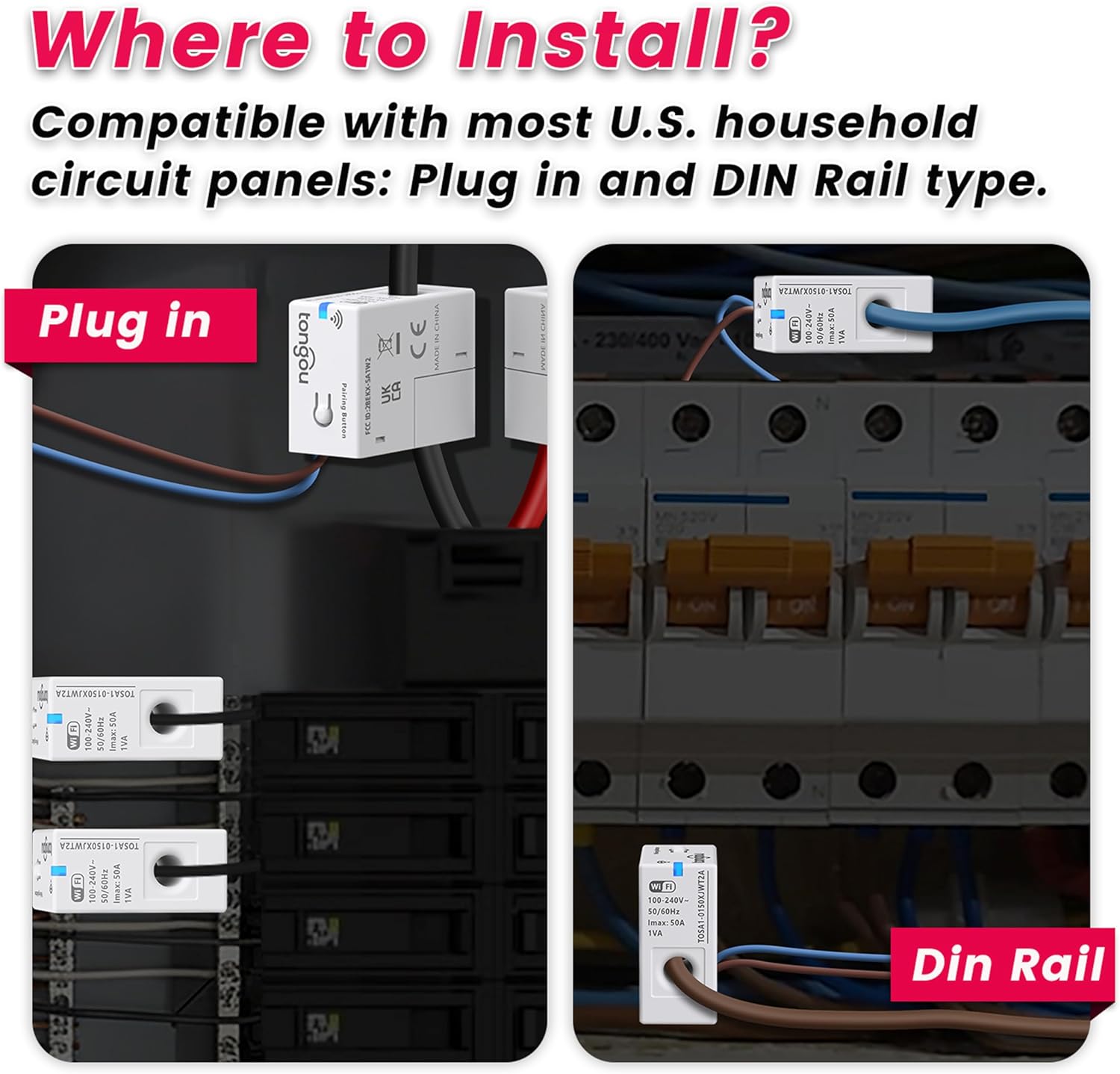Examples of SA1 WiFi Smart Current Transformer installation in Plug-in and DIN Rail circuit panels