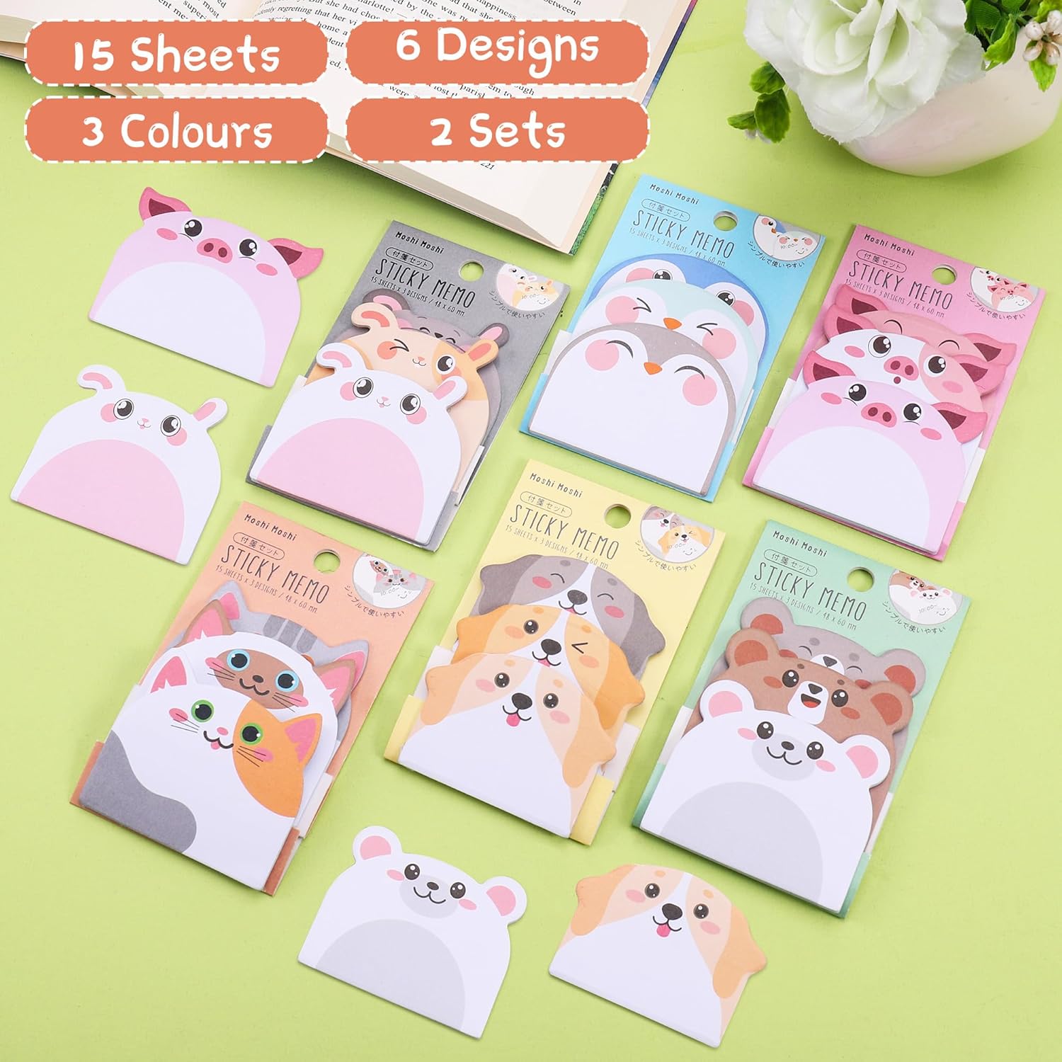 Cute Sticky Notes, 12 Pack 540 Sheets Kawaii Cartoon Sticky Notes Animals Shape Markers Flags, Cute Notepads Self-Stick Memo Pads for School Home Office - Image 3