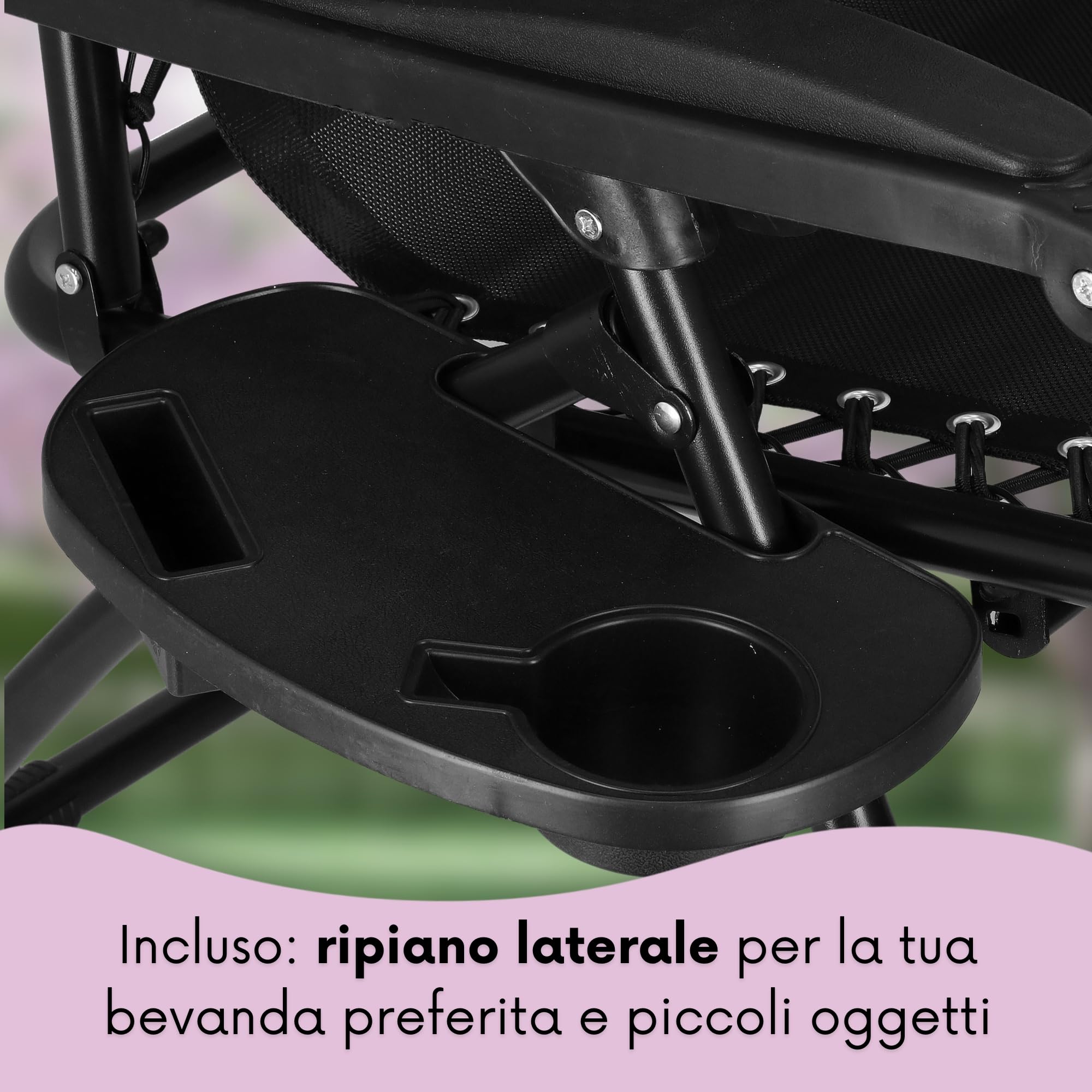 SPRINGOS - Lettino da Giardino Pieghevole con Poggiatesta, Tavolino Laterale, Braccioli, e Borsa a Tracolla, Lettino Prendisole per Esterni, Relax in Giardino e Terrazzo, Nero