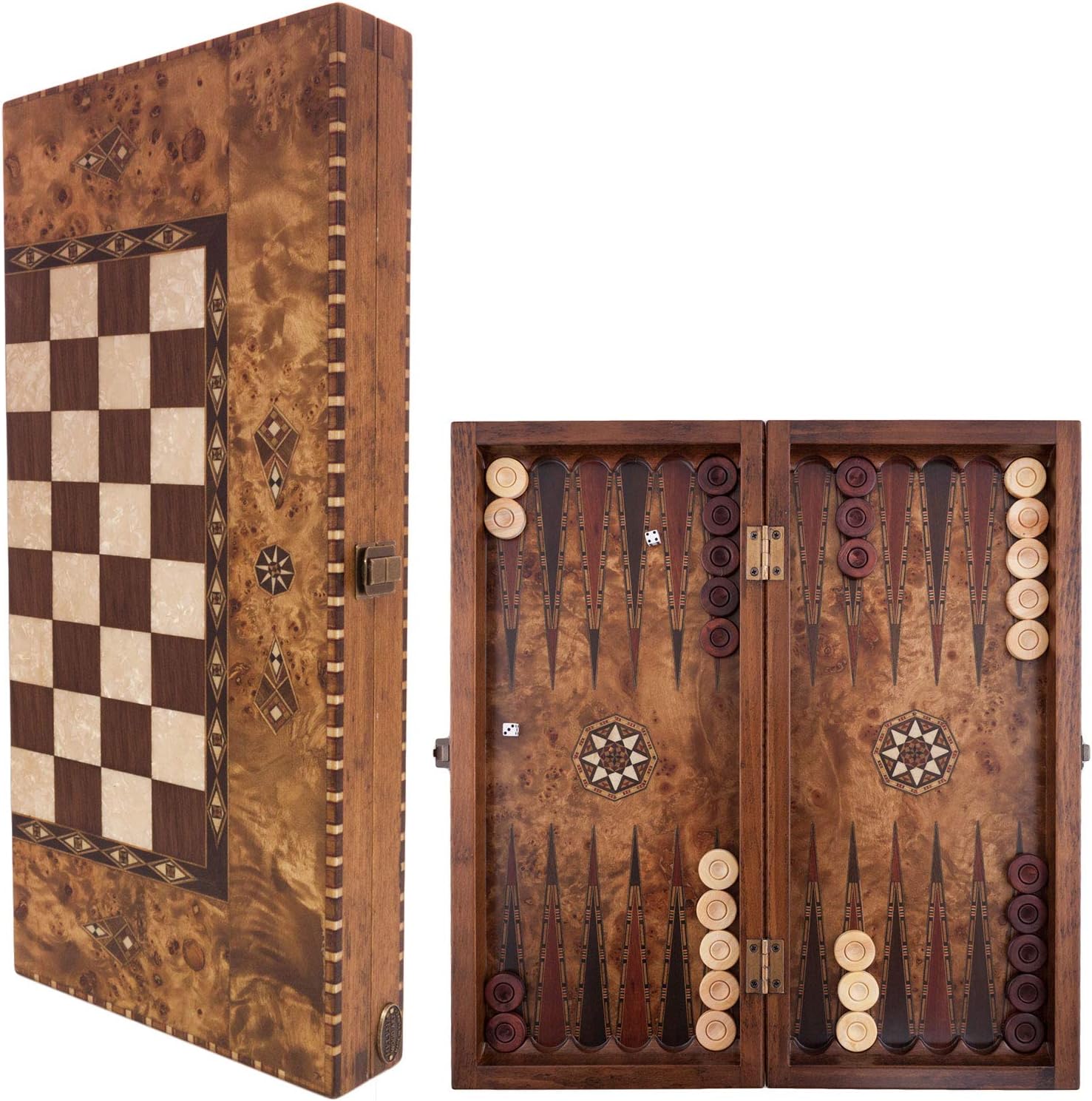 Elegant Handmade Wooden Backgammon Set/Mazel Veneer - 19.5 inch Board