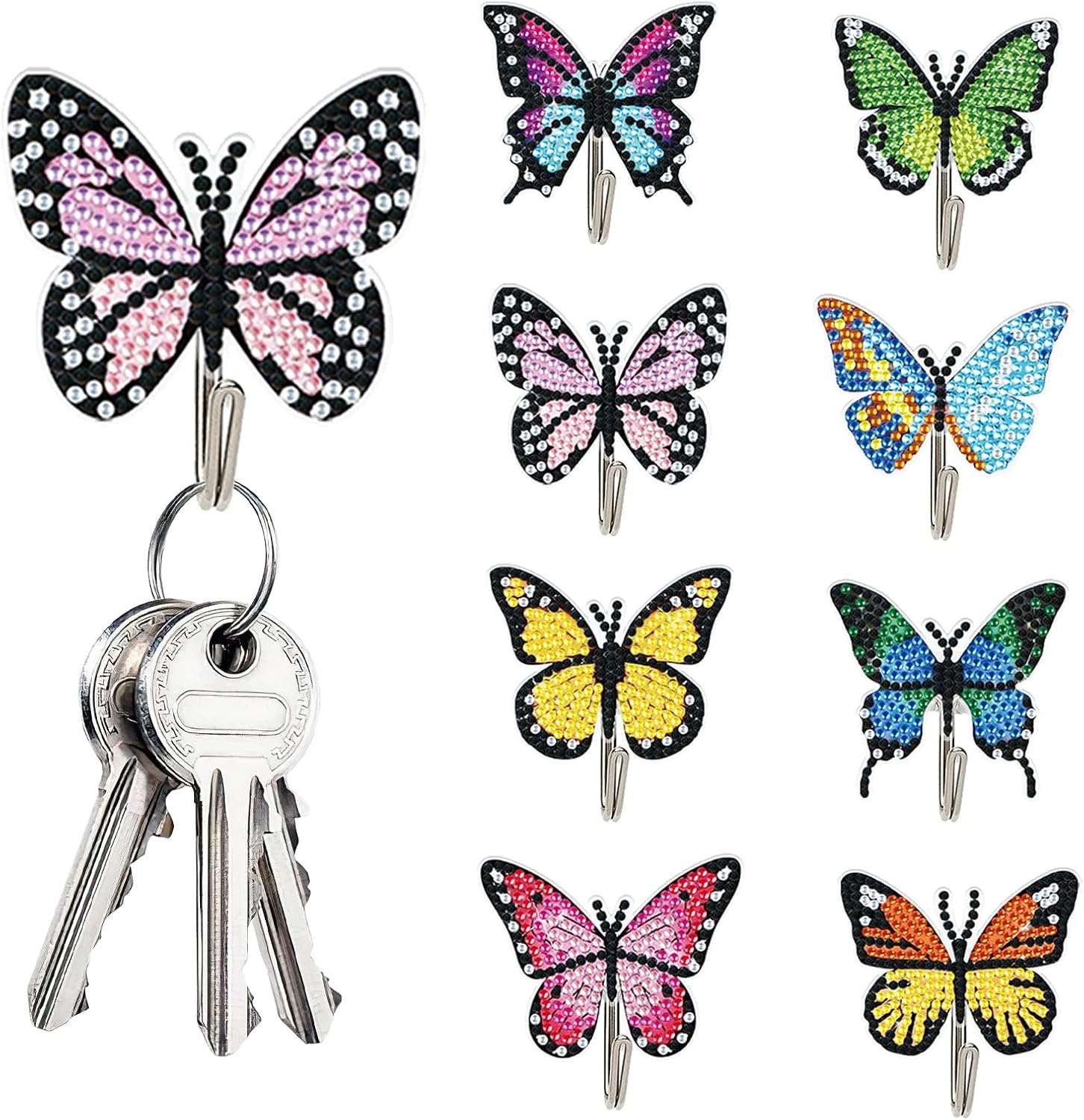 antor 8 Pack Butterfly Diamond Painting Hooks, Classic Color Series Butterfly Diamond Art Wall Hooks, DIY Crystal Rhinestone Adhesive Hangers, Diamond Art Hook Decor for Home, Keys, Towels & Bags