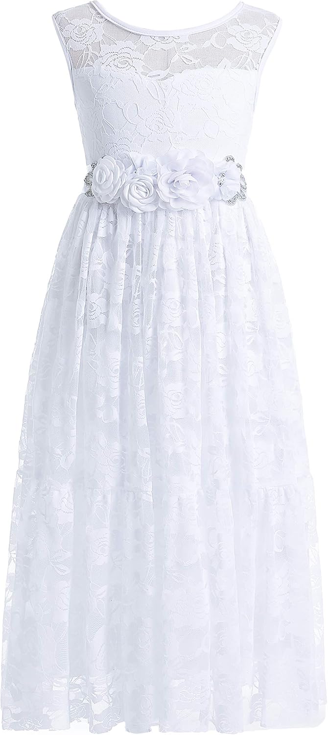 Weileenice Big/Little Girls Lace Bridesmaid Dress with Belt Sheer Back Bohemian Kids Wedding Pageant Party Maxi Dresses