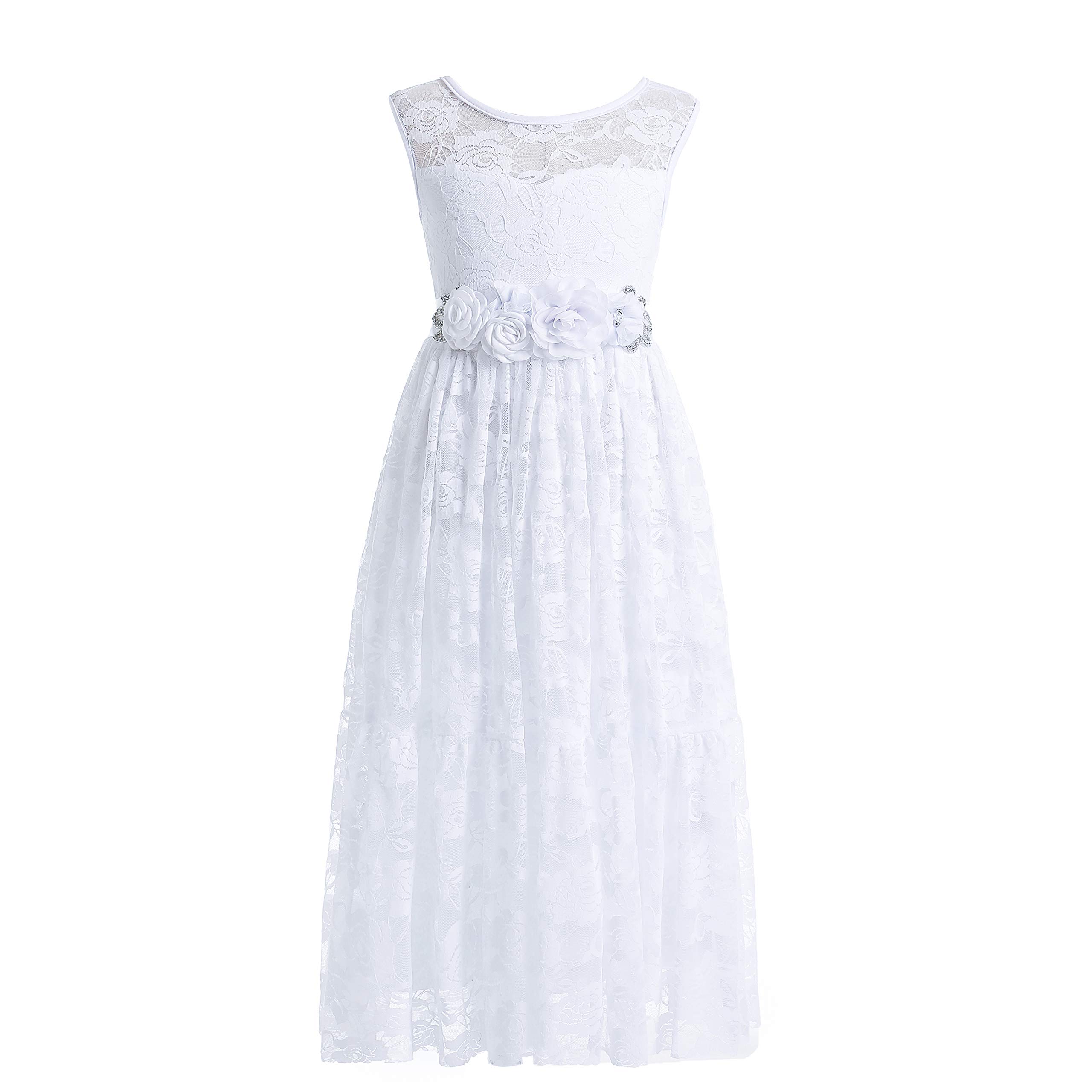 Weileenice Big/Little Girls Lace Bridesmaid Dress with Belt Sheer Back Bohemian Kids Wedding Pageant Party Maxi Dresses