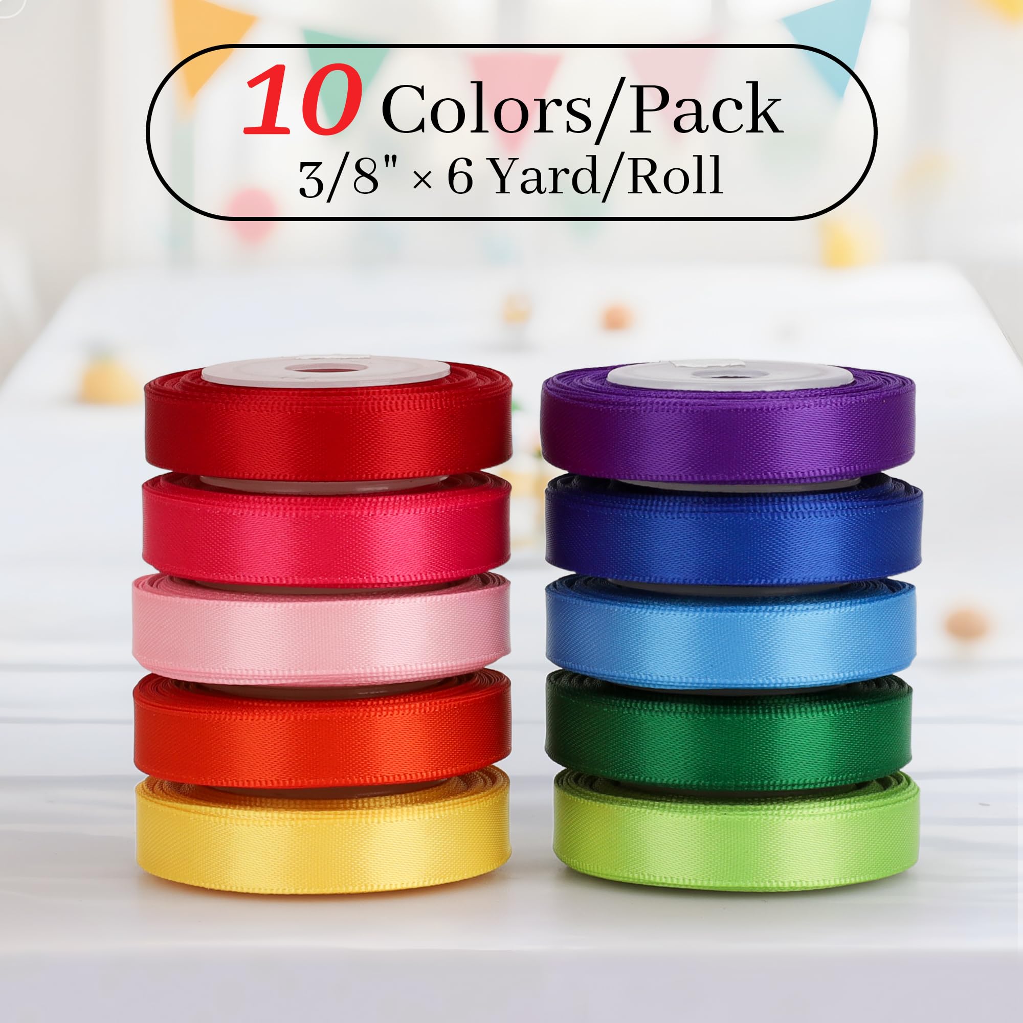 Rainbow Satin Ribbon Set, 10 Colors, 3/8 Inch x 6 Yard Each, 60 Yards Total, Double Faced Colorful Ribbon for Crafts, Gift Wrapping, Hair Bows, Wedding and Party Decorations, DIY Projects
