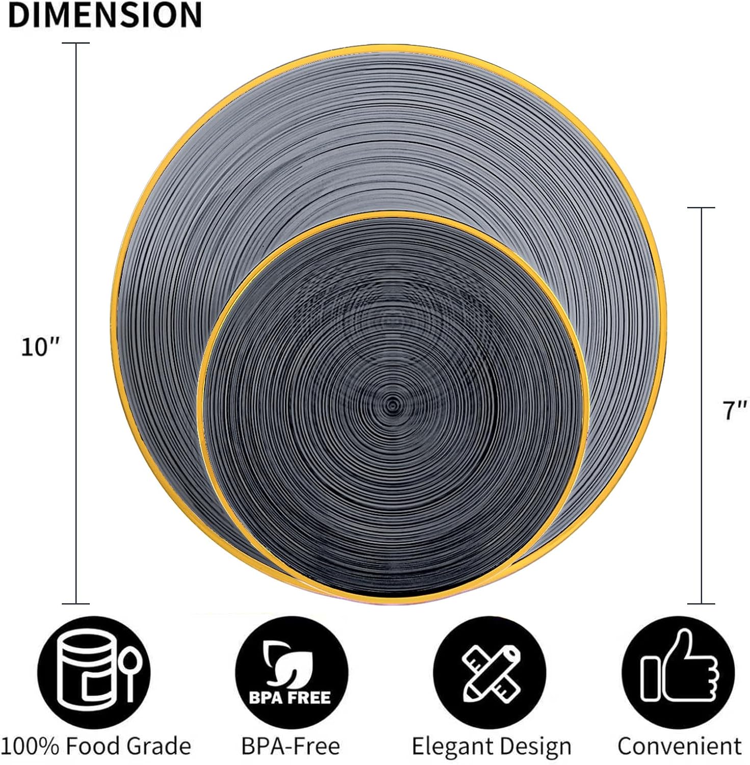 N9R 60PCS Black Plastic Plates with Gold Rim, Elegant Disposable Plates, Circular Ribbed Design, 30 Dinner & 30 Dessert Plate for Parties, Weddings, Halloween, Banquets and Events (Translucent Black) - Image 2