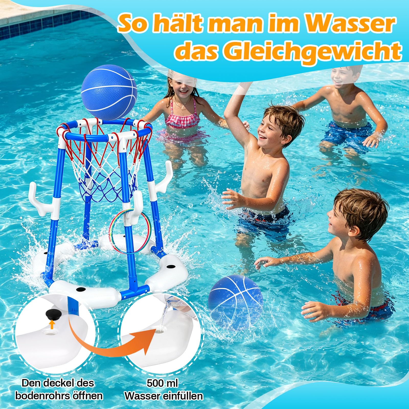 Pool Basketballkorb 2-in-1 Schwimmender Basketball Hoop für Kinder Erwachsene mit 2 Bällen 12 Ringen Pumpe