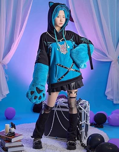 Miniatura 2 de Cosplay.fm Sudadera con capucha para mujer con diseño de bolsa desmontable, guantes peludos con diseño de pata de gato Kawaii estilo gato sudadera