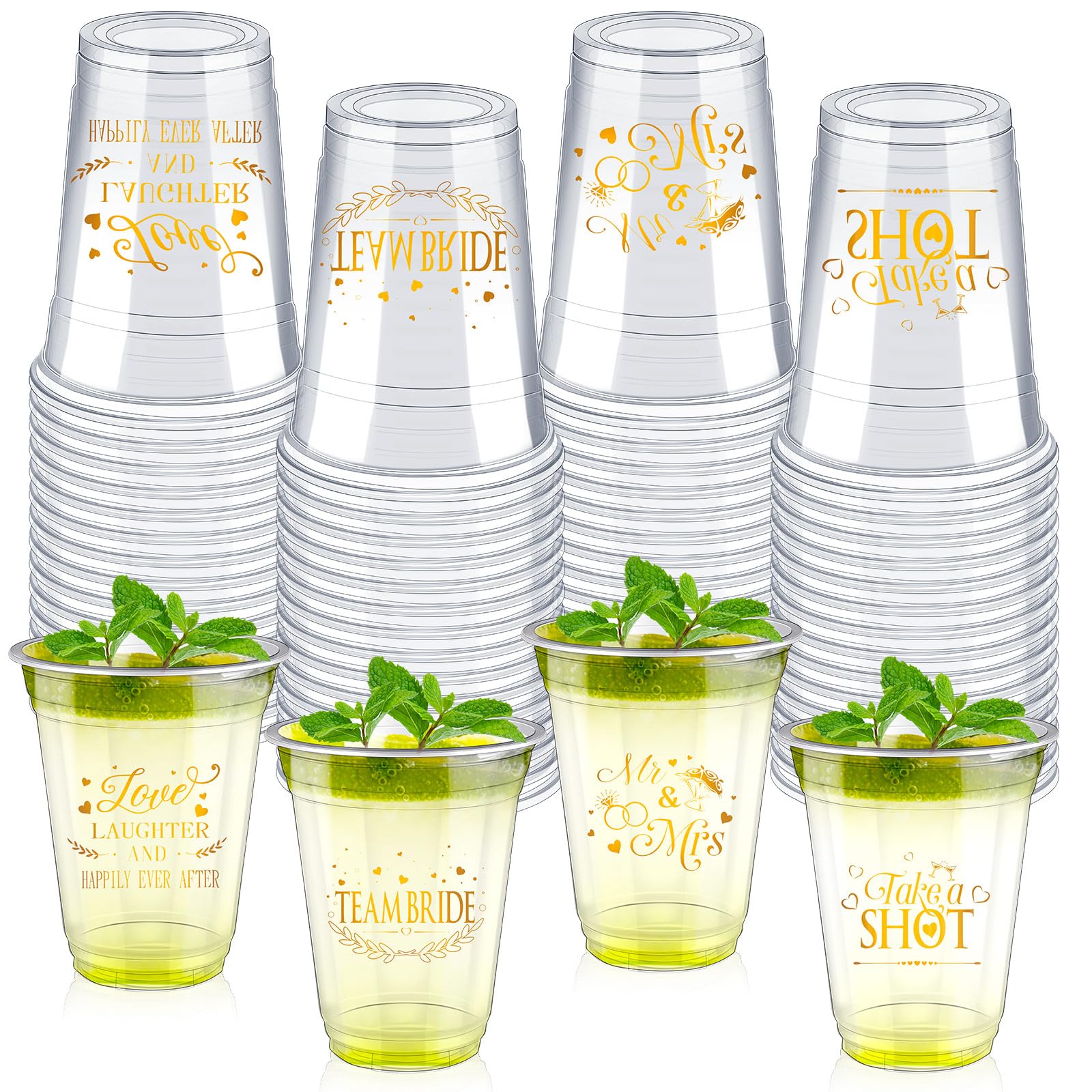 Sliner 200 Pcs Disposable Wedding Plastic Cups Bulk 12oz Love Laughter and Happily Ever After Cups Bridal Shower Cups Disposable Drinking Cups Coffee Bridal Party Cups for Reception Engagement, White